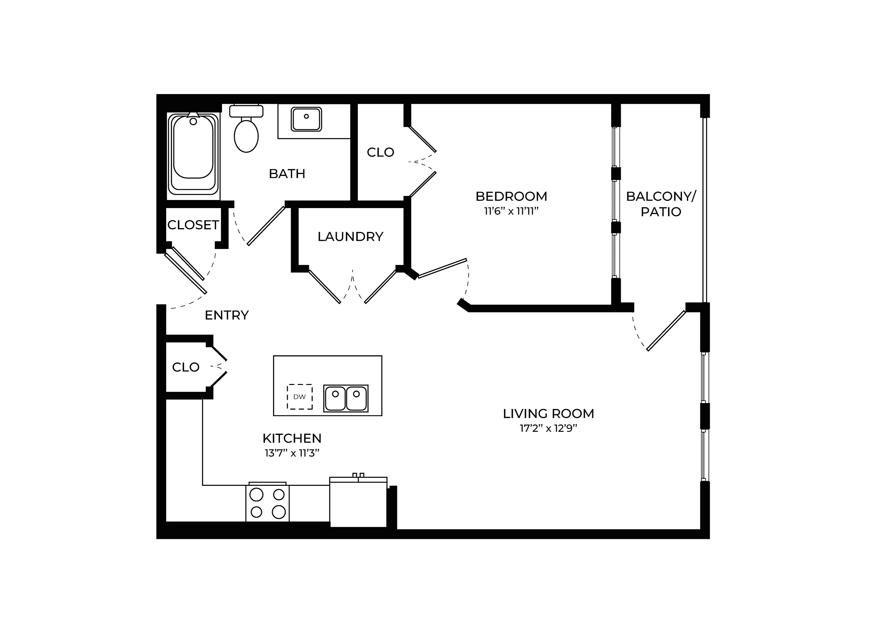 Contemporary floor plan featuring 1 bedroom, open kitchen, spacious living room, and a balcony for relaxation.