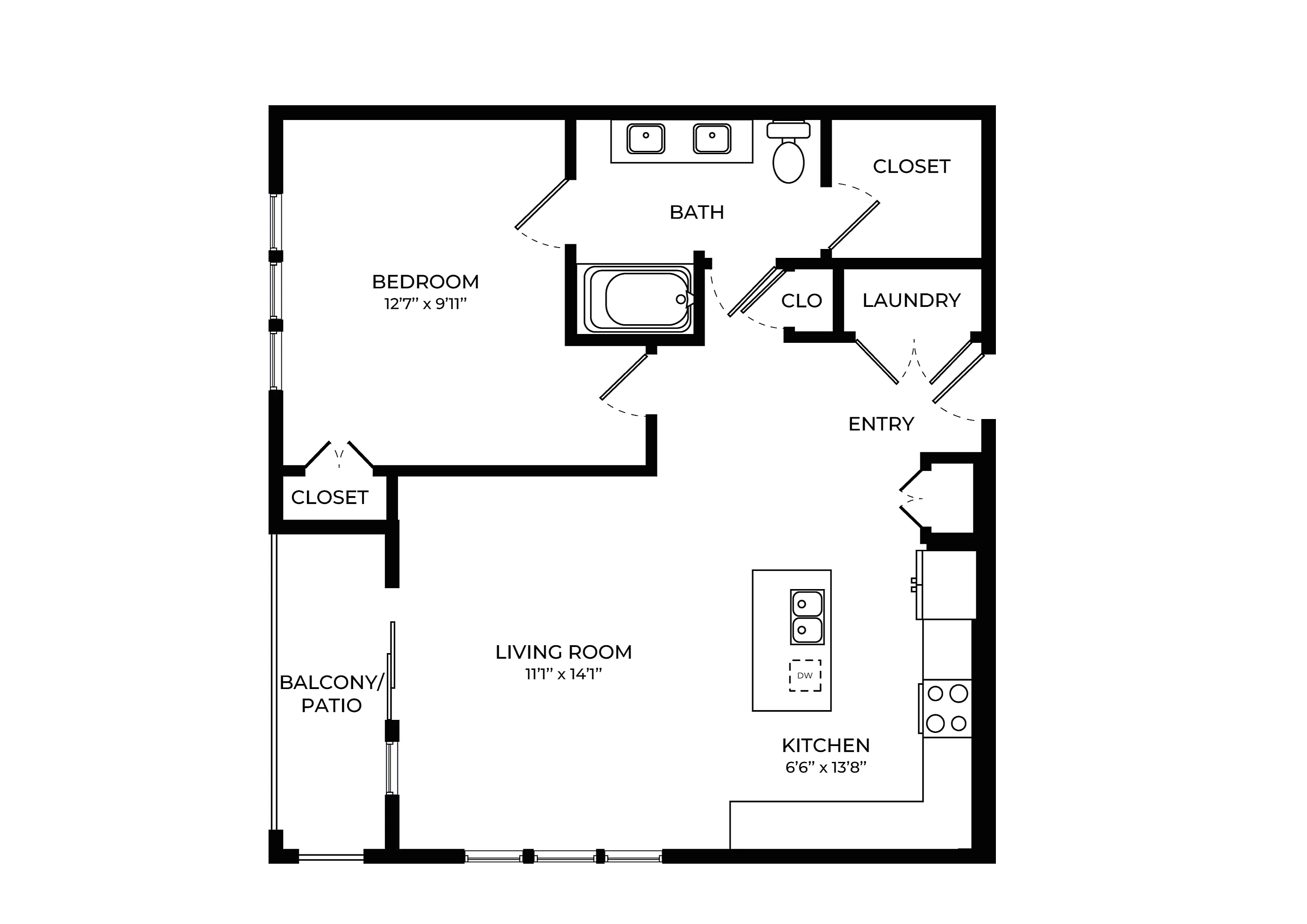 Modern 1-bedroom floor plan featuring open-concept living room, stylish kitchen, and spacious balcony.
