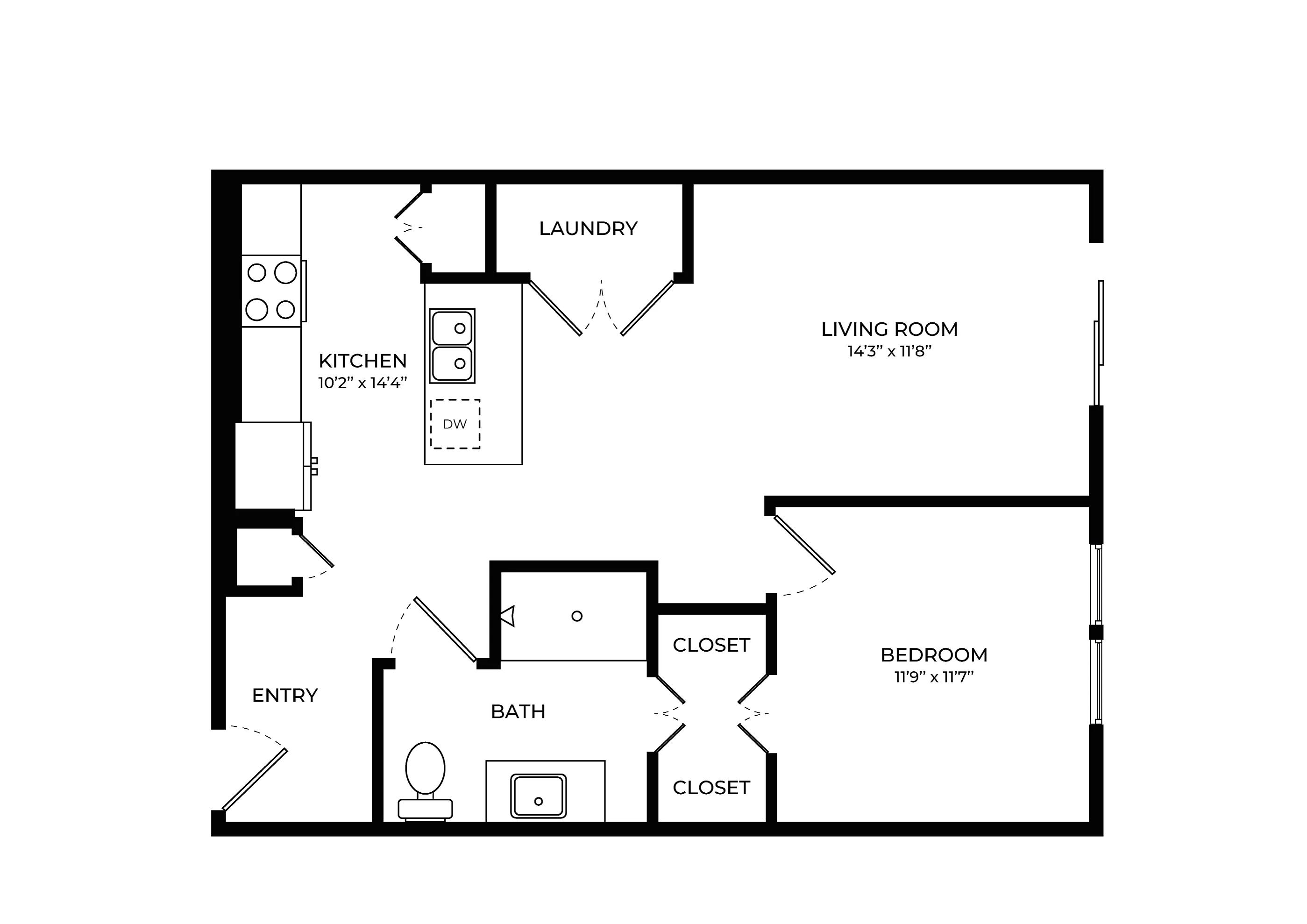 Modern 1-bedroom apartment layout with spacious living room, cozy kitchen, and convenient laundry space.