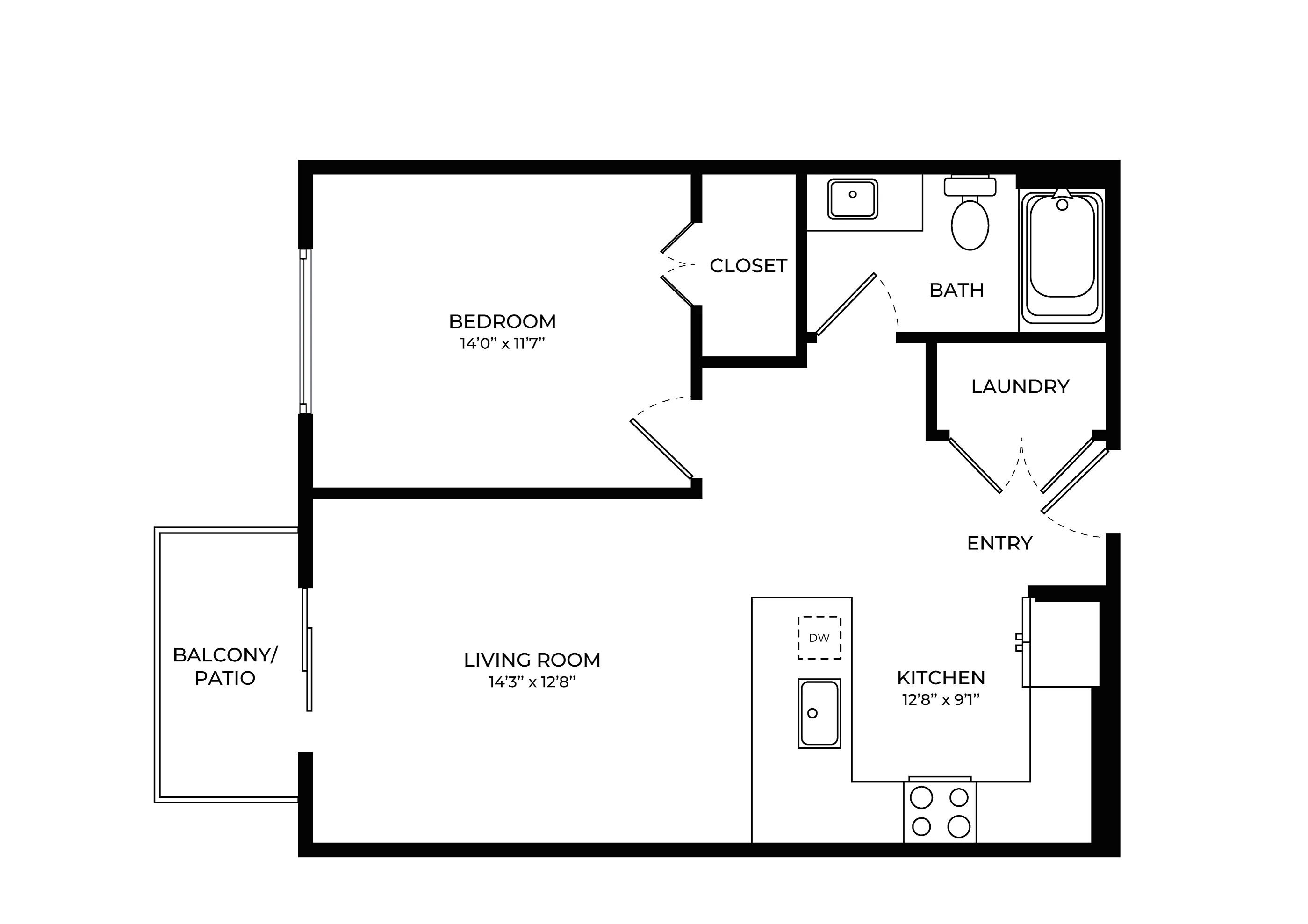 Modern apartment floor plan showcasing a spacious 1-bedroom layout with a cozy living room, gourmet kitchen, stylish bath, and inviting balcony.