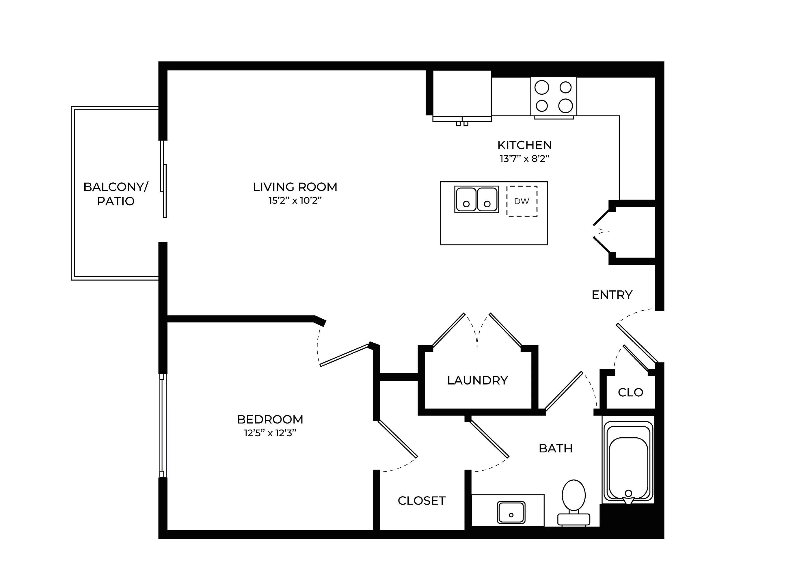 Modern 1-bedroom floor plan featuring an open-concept living room, stylish kitchen, and private balcony.