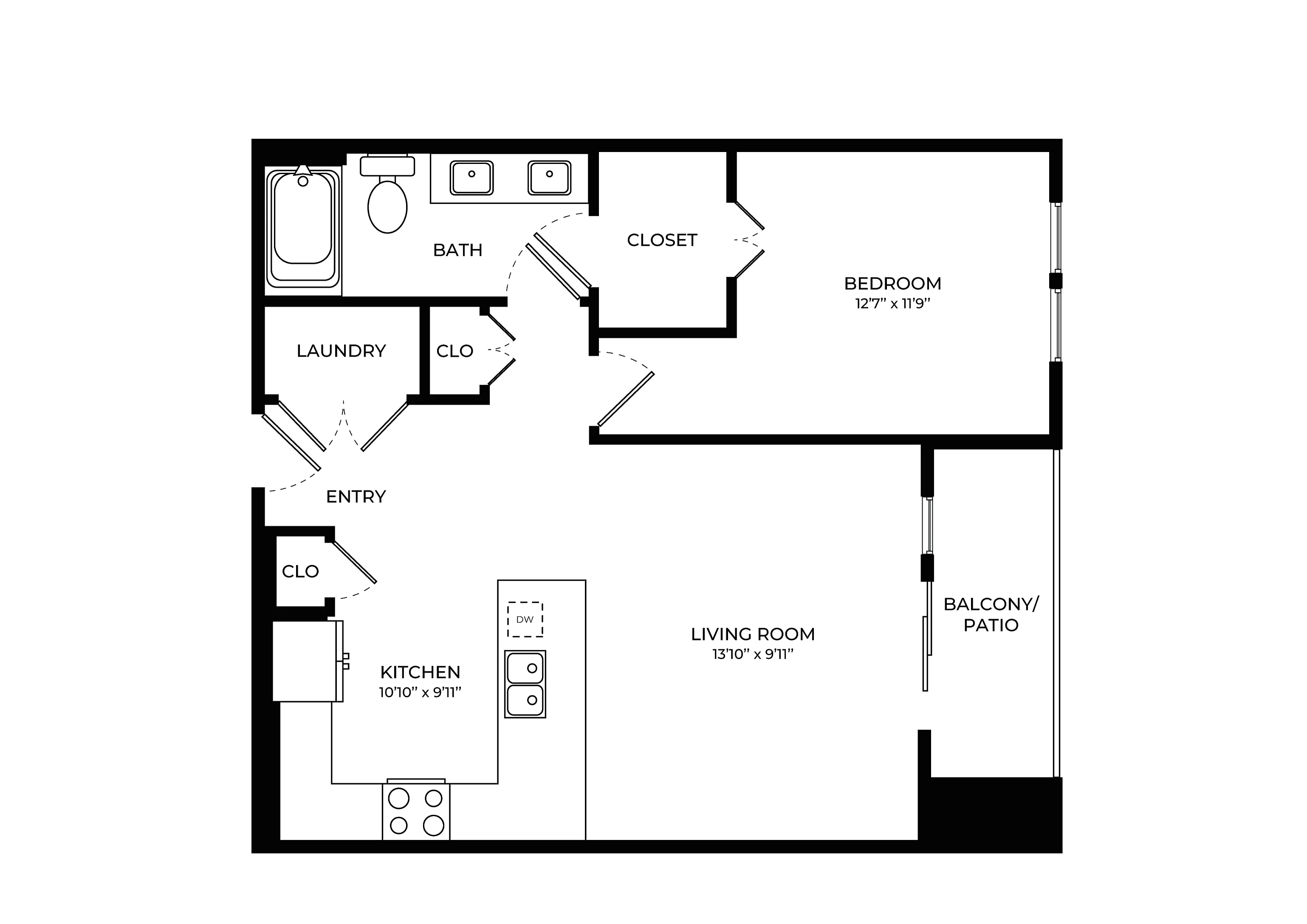 Elegant floor plan showcasing a spacious 1-bedroom layout with a modern kitchen, inviting living room, and private balcony/patio.