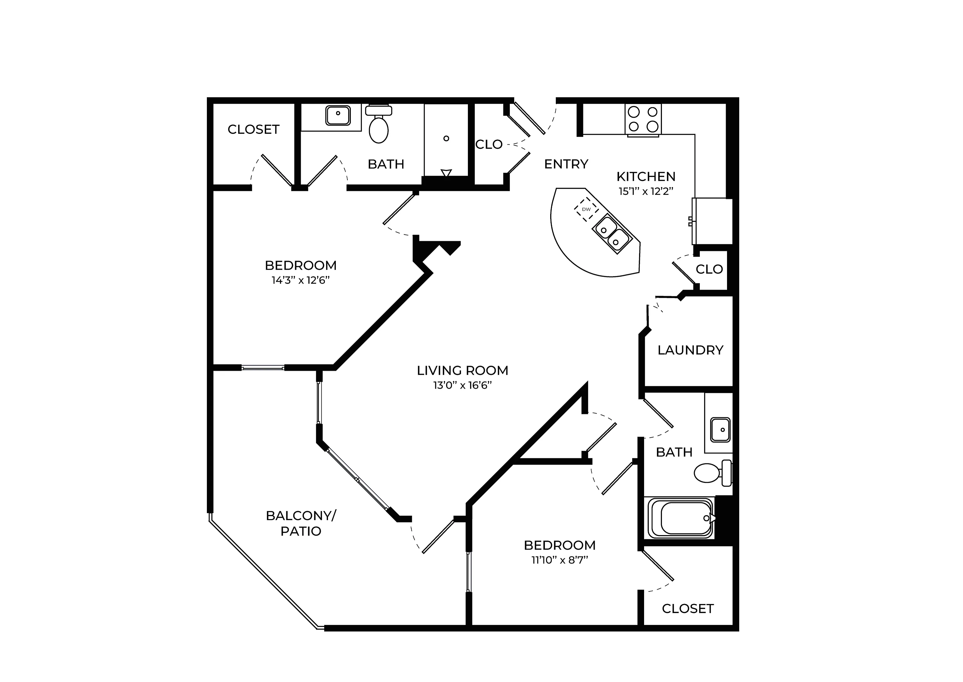Modern floor plan showcasing 2 spacious bedrooms, an elegant open-concept living room, and a gourmet kitchen with island, highlighted by a private balcony and convenient laundry area.