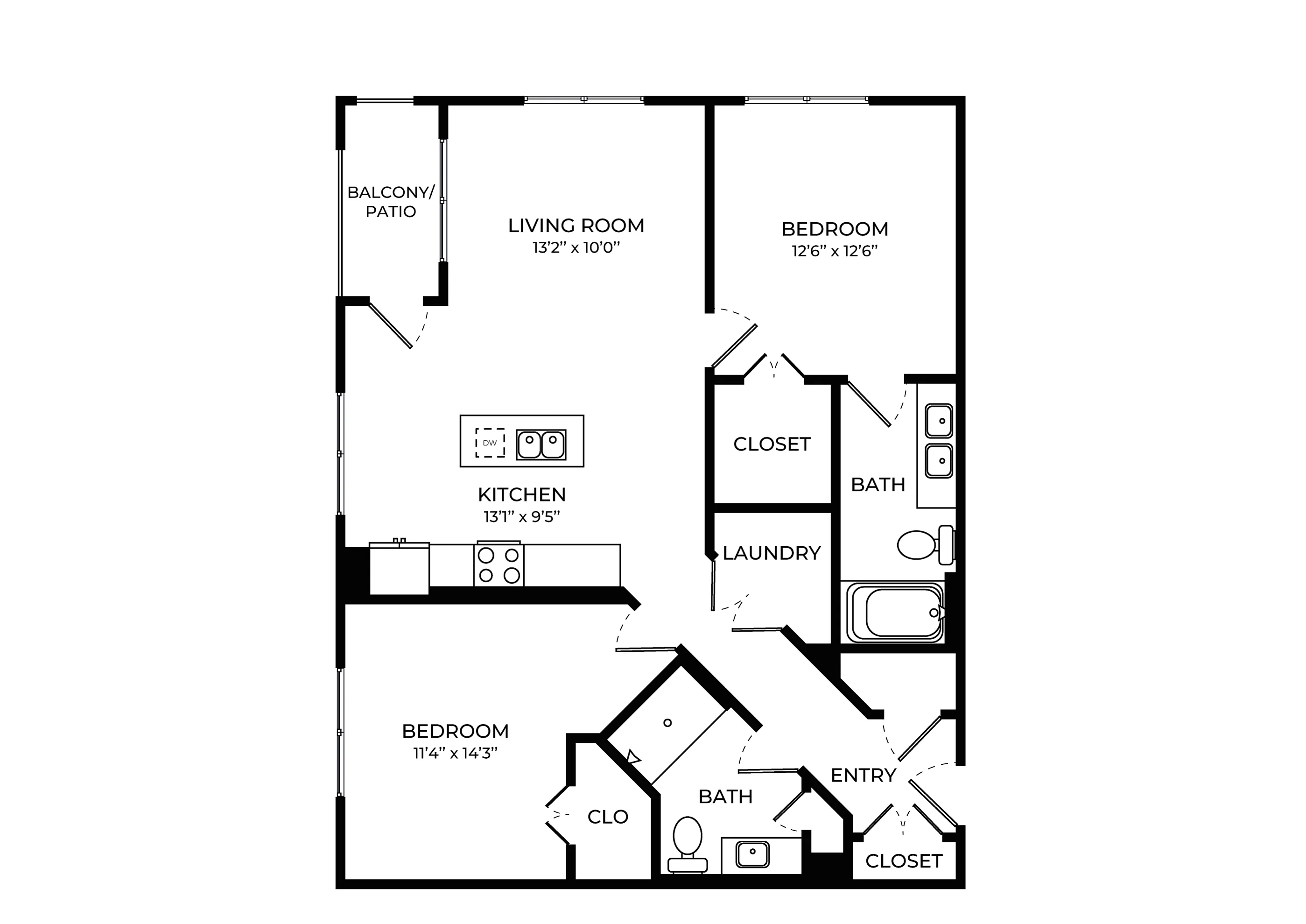 Contemporary 2D floor plan featuring 2 spacious bedrooms, inviting living room, modern kitchen, and a private balcony. Includes convenient laundry and two bathrooms for luxury living.