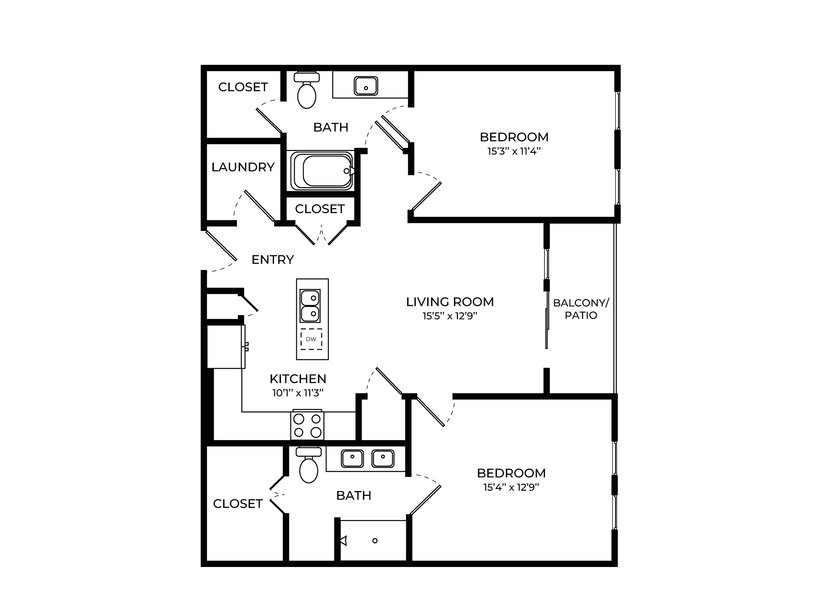 Modern floor plan showcasing 2 spacious bedrooms, a cozy living room, functional kitchen, and inviting balcony area.