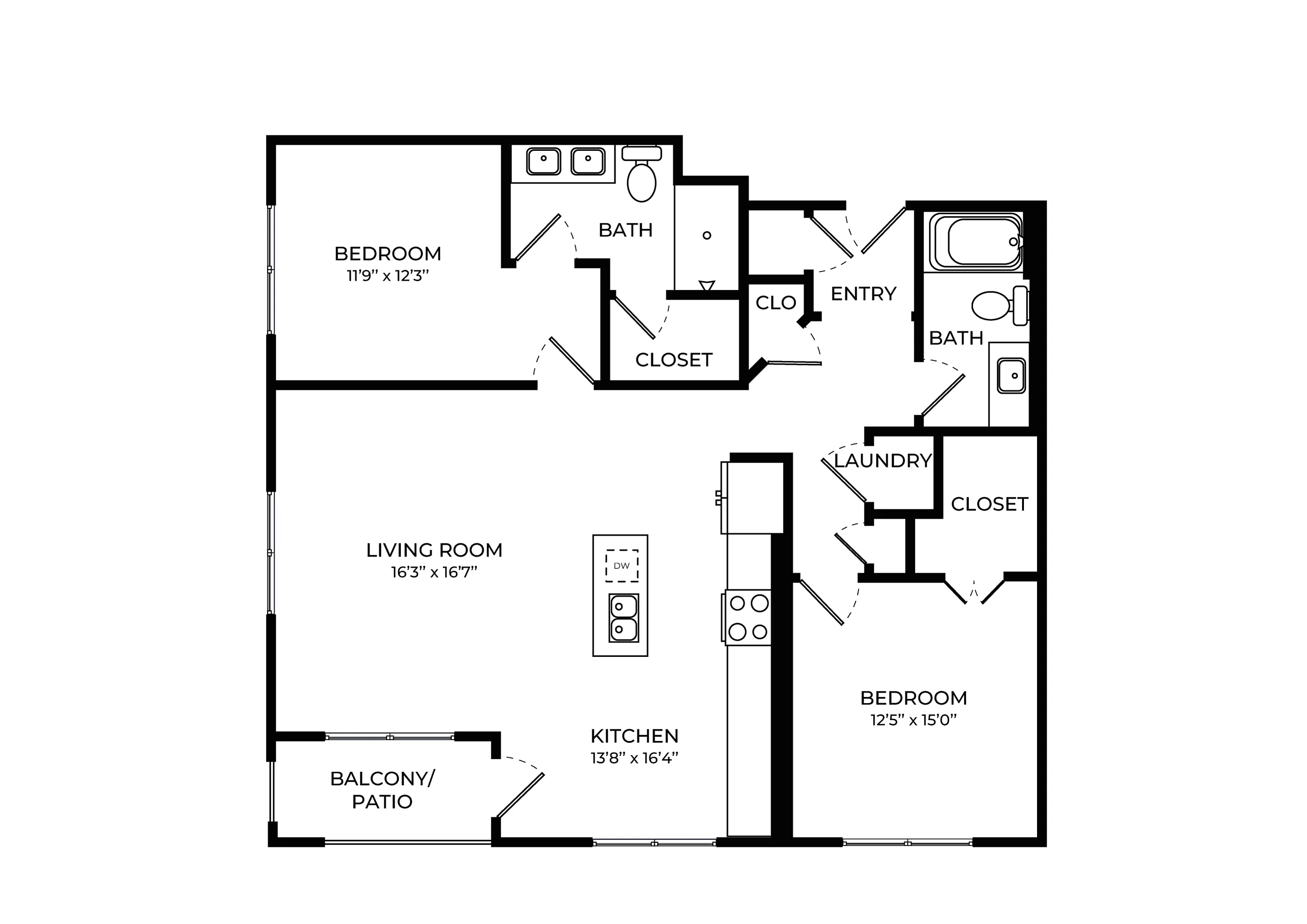 Elegant floor plan showcasing two spacious bedrooms, a modern open kitchen, airy living room, and private balcony.