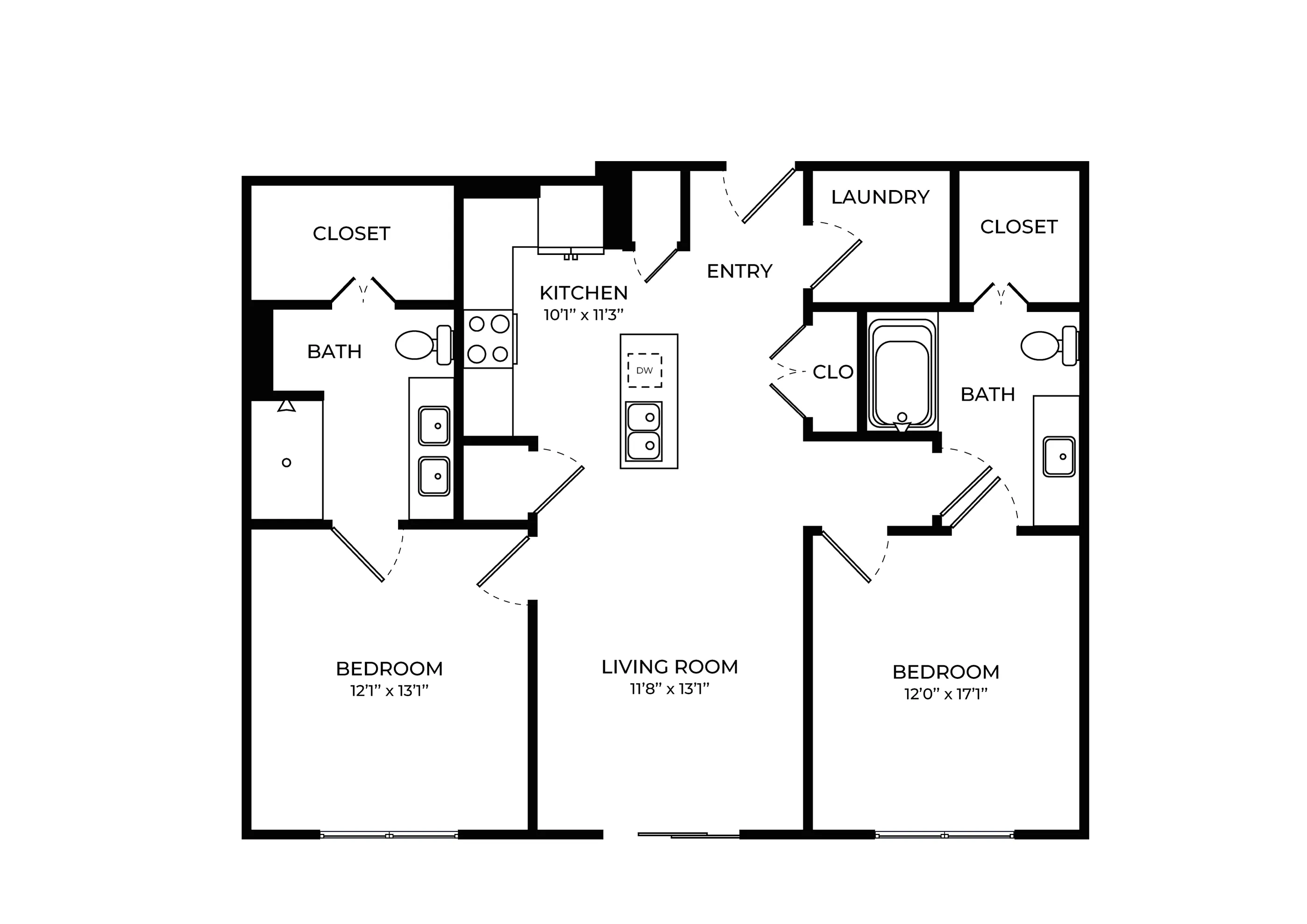 Elegant floor plan showcasing two spacious bedrooms, modern kitchen, open living room, two stylish bathrooms, and convenient laundry area.