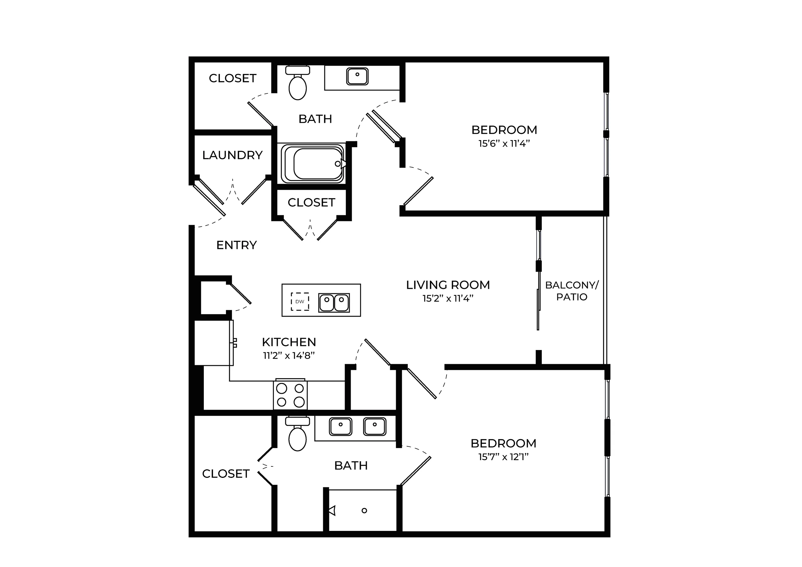 Inviting 2-bedroom apartment floor plan showcasing a modern kitchen, spacious living room, and convenient patio access.