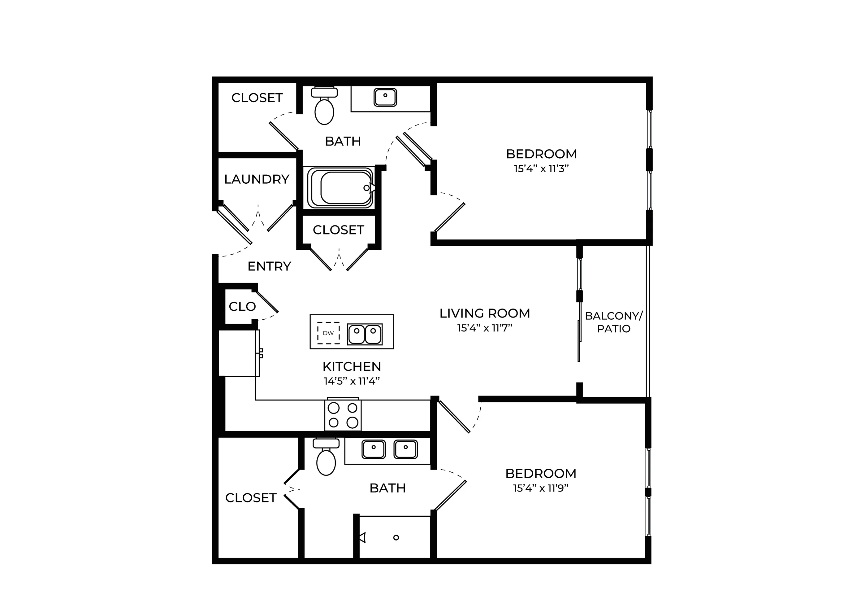 Modern 2D floor plan featuring 2 bedrooms, open kitchen, spacious living room, and a cozy balcony.