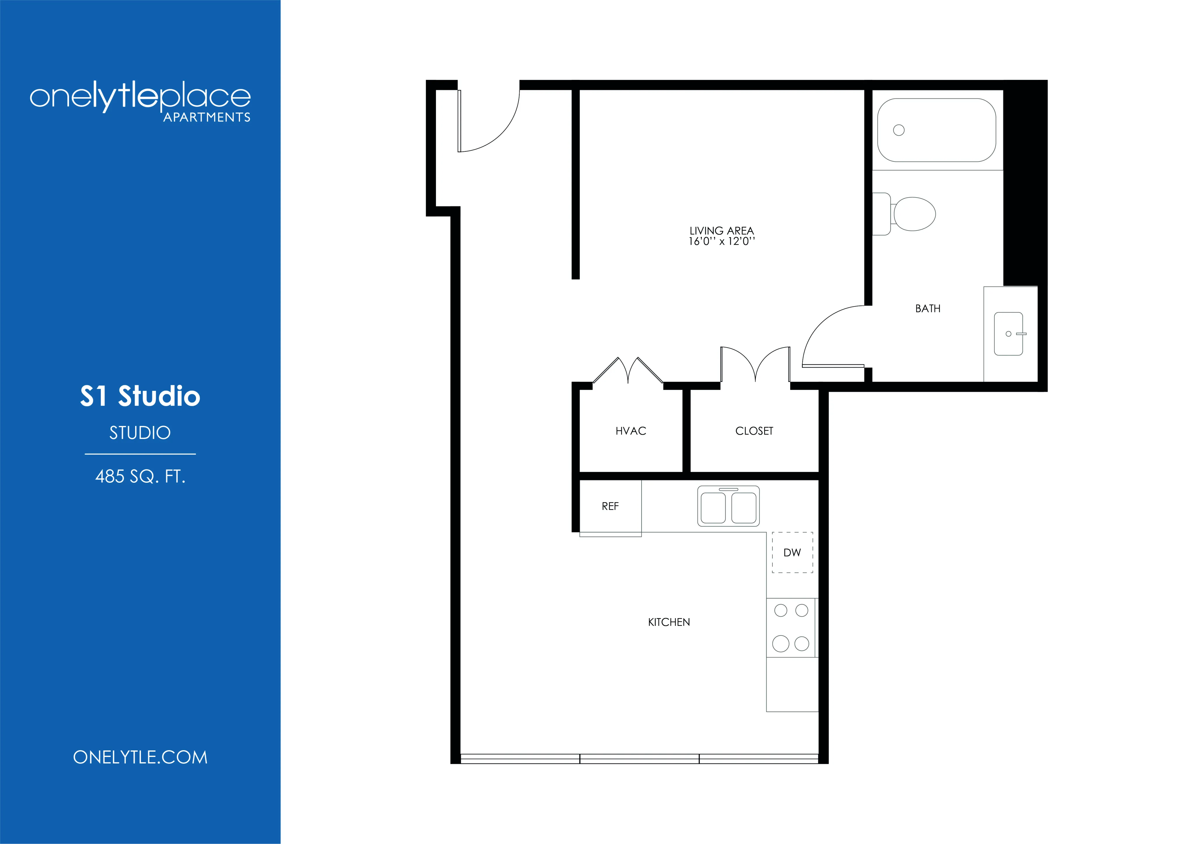 Modern S1 Studio floor plan at One Lytle Place, featuring open-concept living area, functional kitchen, and spacious bath within 485 sq ft.
