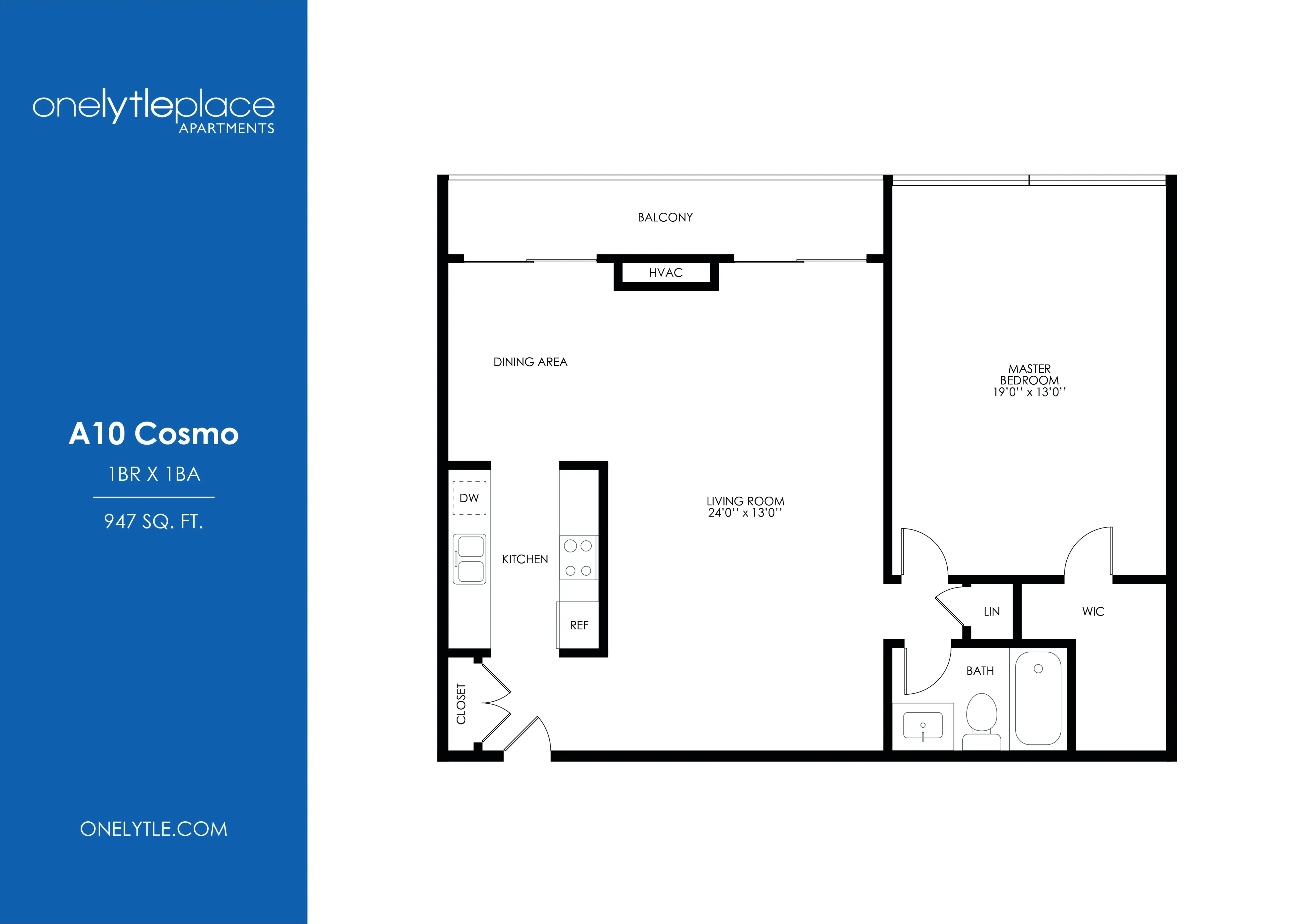 A10 Cosmo floor plan showcasing a modern 1-bedroom, 1-bathroom layout with a spacious living room, dining area, and balcony, covering 947 sq. ft.