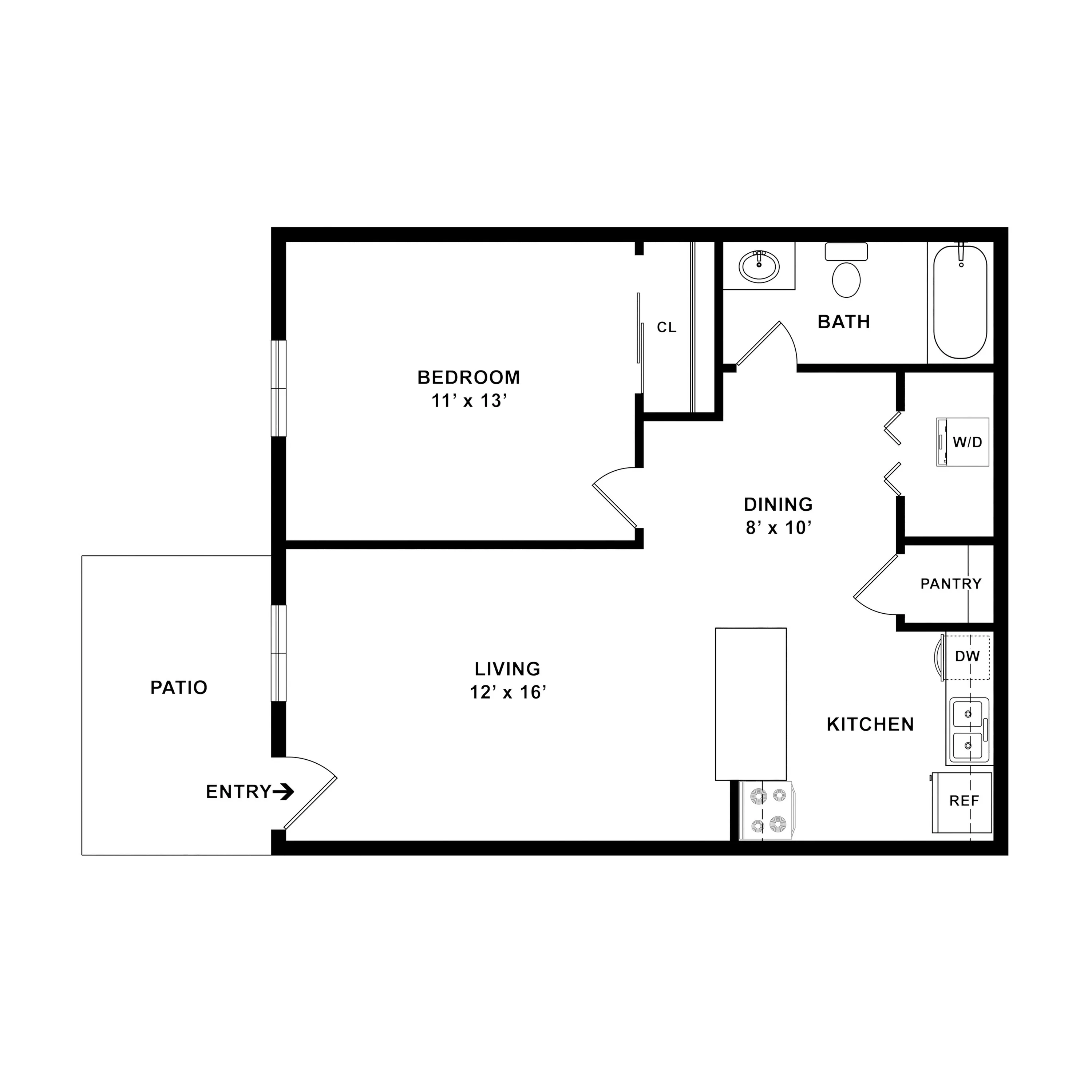 Muirwood Village Apartments - Modern floor plan showcasing a spacious 1-bedroom layout with a large living area, dining space, and a cozy kitchen opening to a patio.