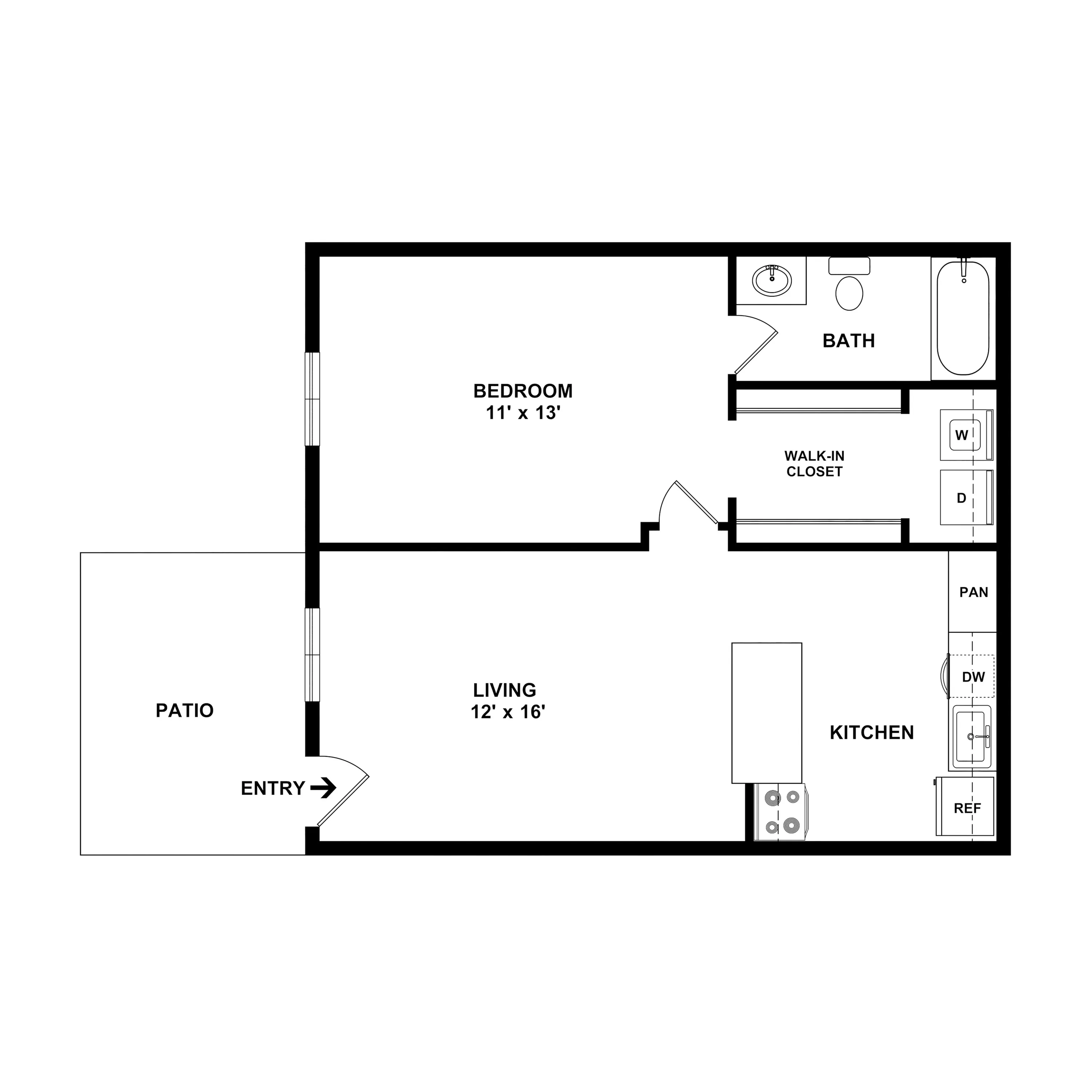 Muirwood Village Apartments - Modern 1-bedroom floor plan featuring an open living area, sleek kitchen, and private patio.
