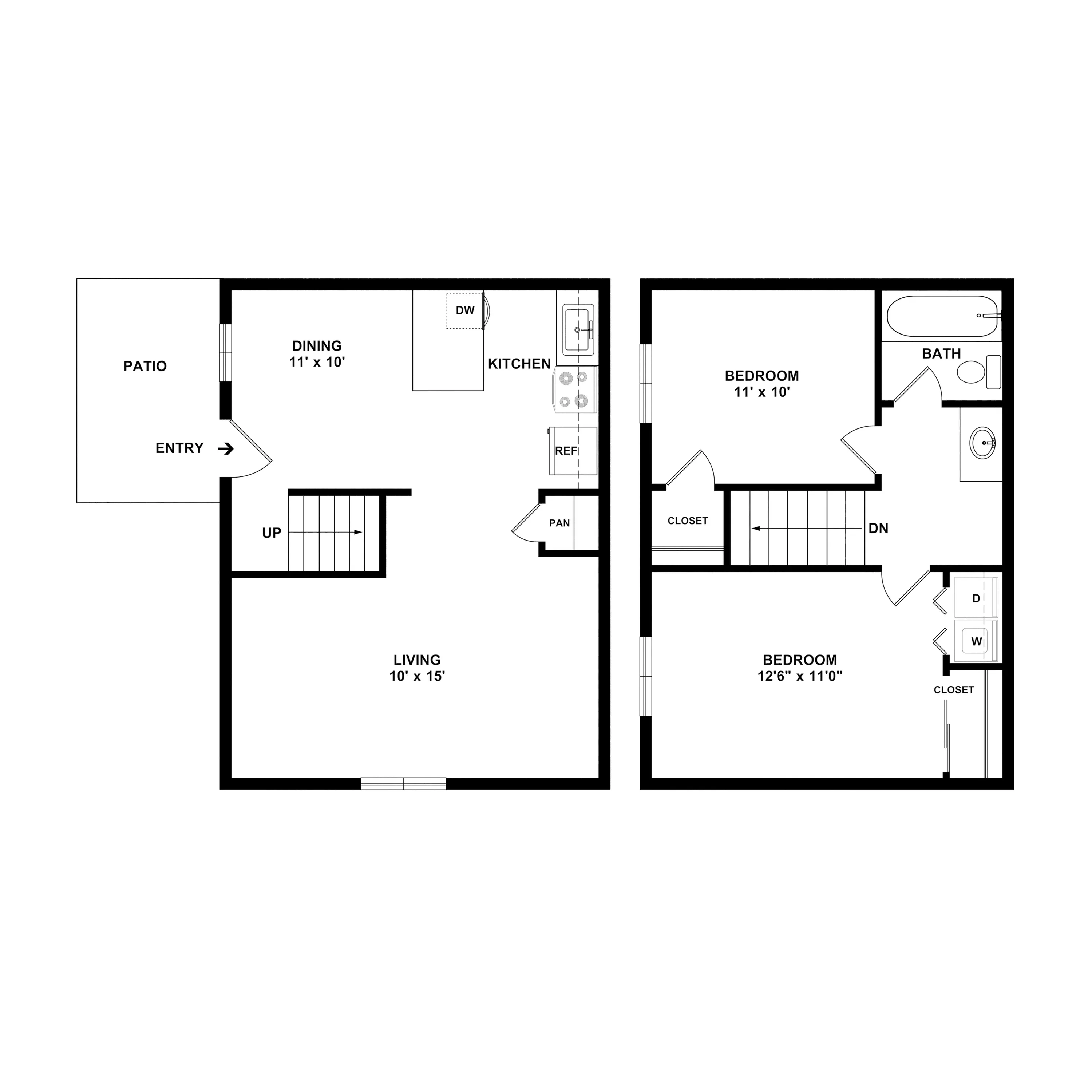 Muirwood Village Apartments - Inviting 2-story floor plan featuring a charming patio entry, spacious living room, modern kitchen and dining area, and two cozy upstairs bedrooms with a stylish bathroom.