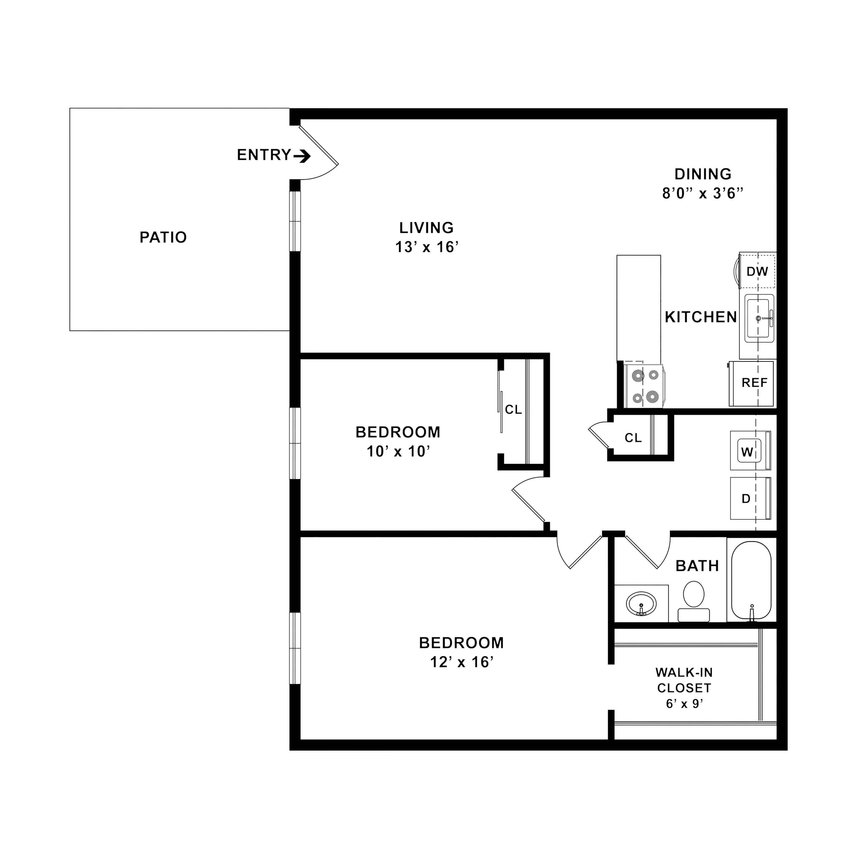 Muirwood Village Apartments - Charming floor plan featuring 2 spacious bedrooms, open living room, patio access, well-designed kitchen, and a walk-in closet.
