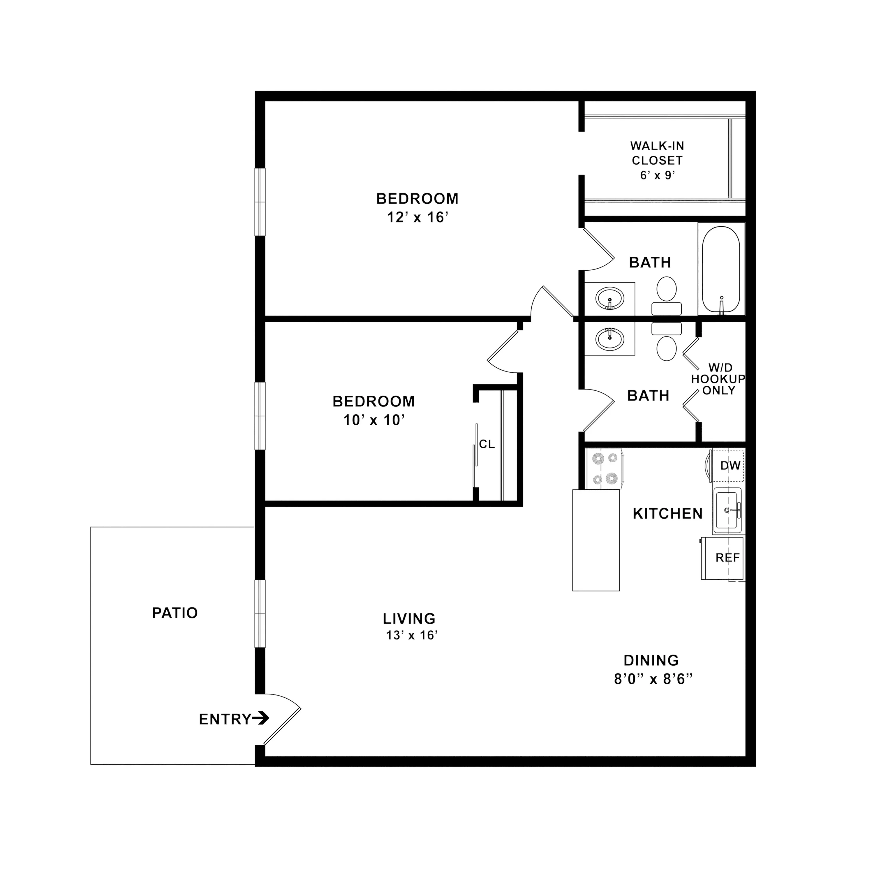Muirwood Village Apartments - Modern floor plan showcasing two spacious bedrooms, inviting living area, and a functional kitchen with dining space, complete with convenient walk-in closet and patio access.