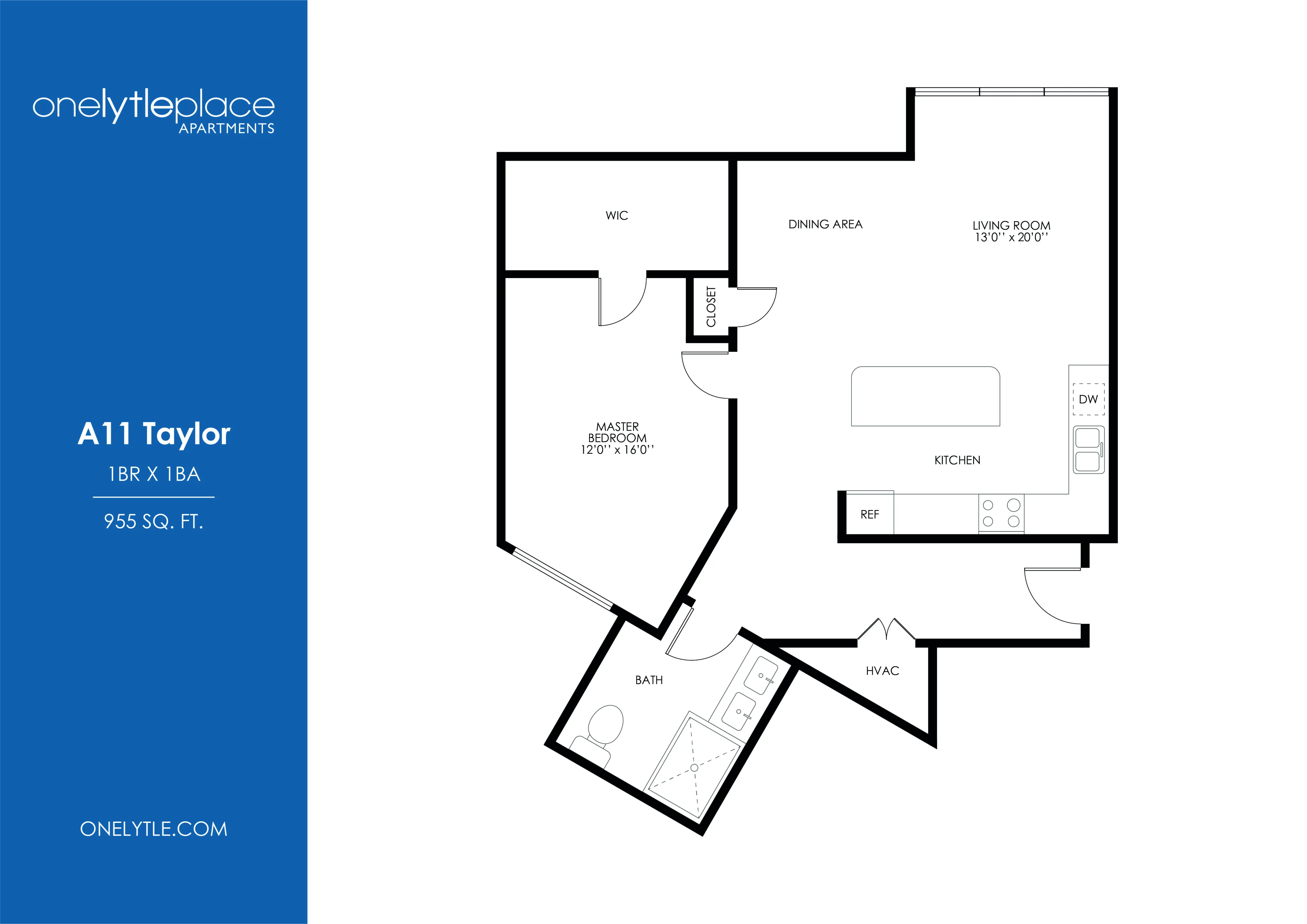 Elegant A11 Taylor floor plan with 1 bedroom, 1 bathroom, spacious living room, open kitchen, and dining area, totaling 955 sq. ft.