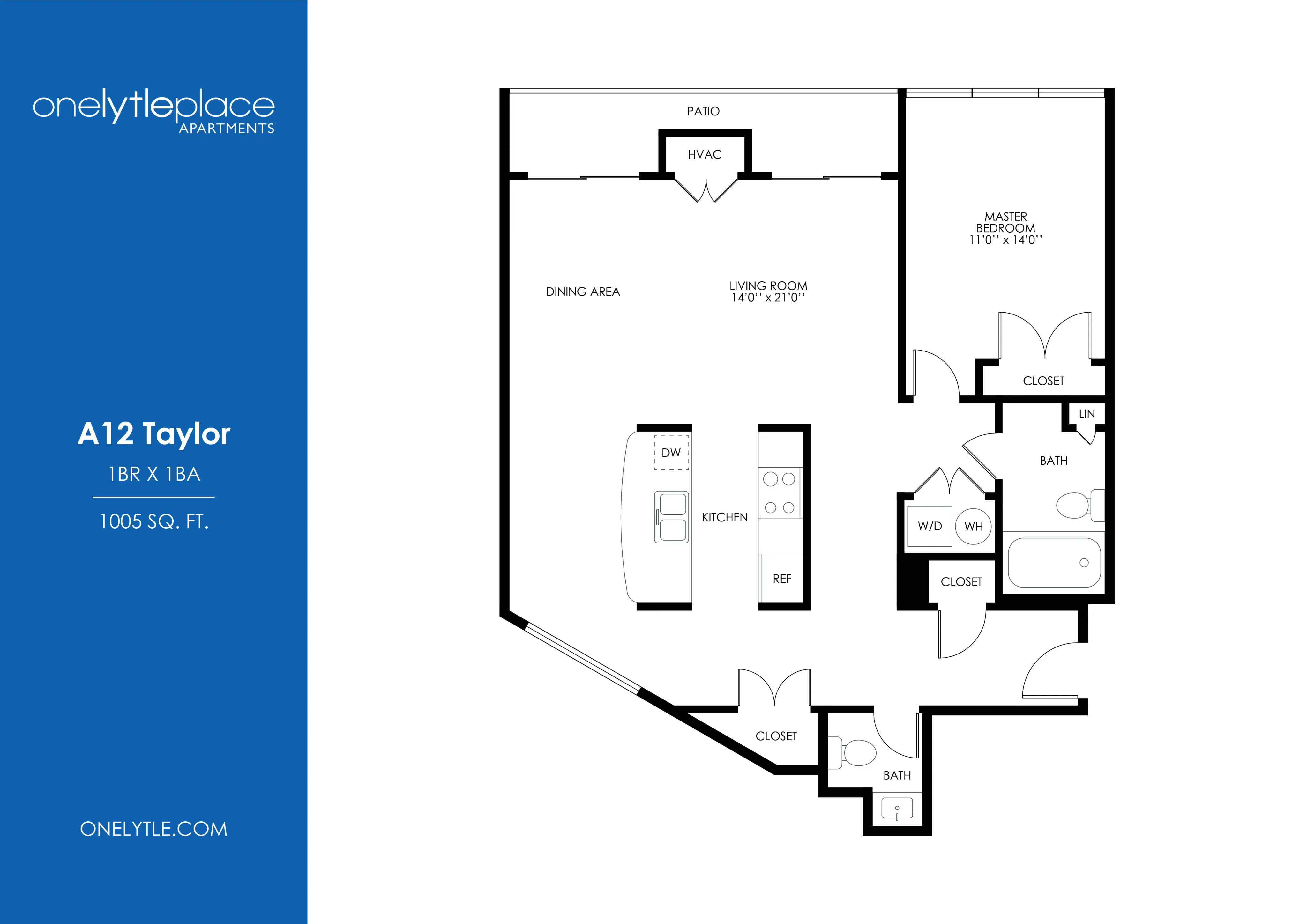 Modern A12 Taylor apartment floor plan featuring 1-bedroom, 1-bathroom, spacious living room, dining area, and kitchen, complete with patio and ample storage, spanning 1005 sq. ft.