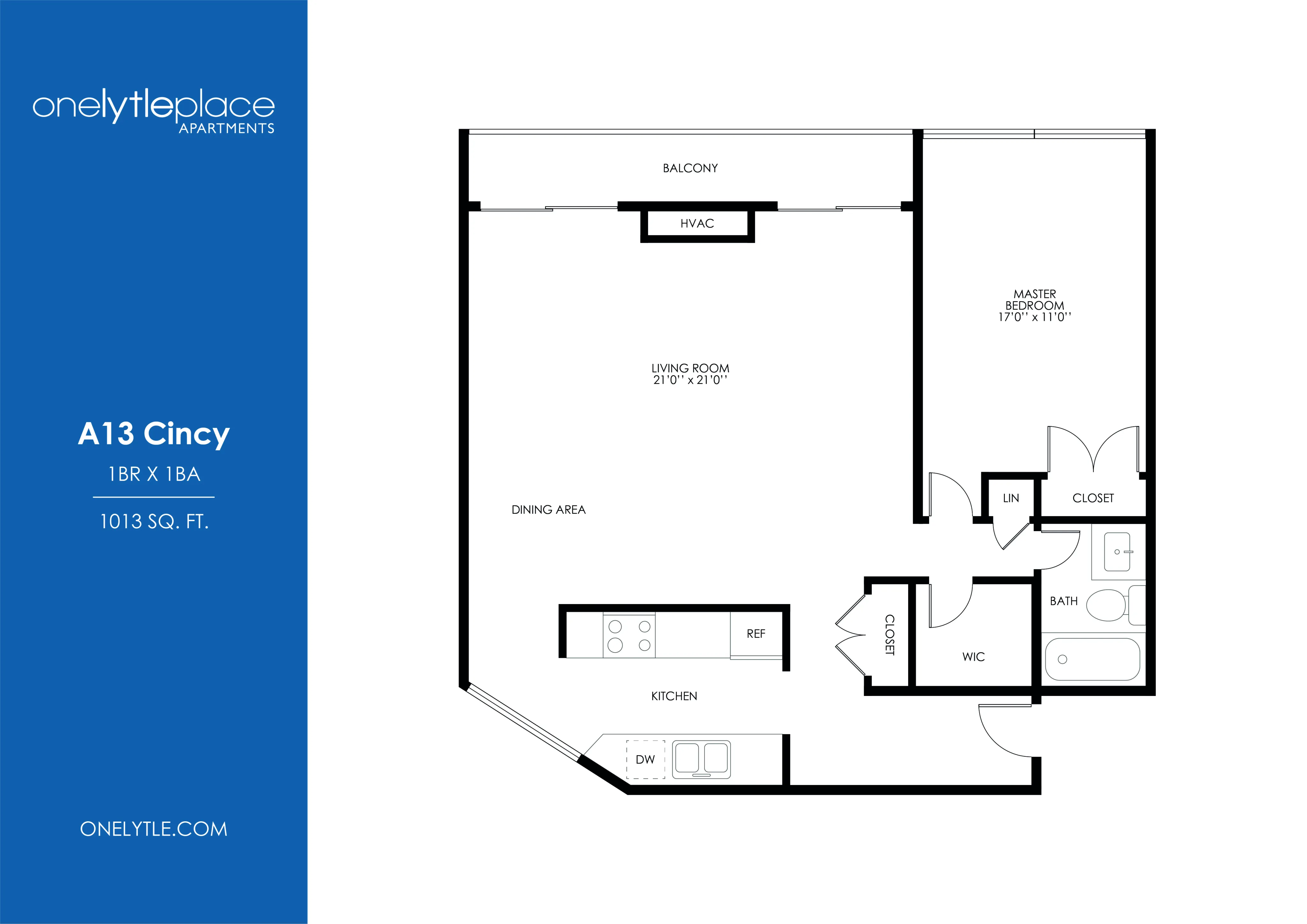 A13 Cincy floor plan showcasing 1 bedroom, 1 bathroom, and a spacious living room with dining area and balcony, totaling 1013 sq ft.