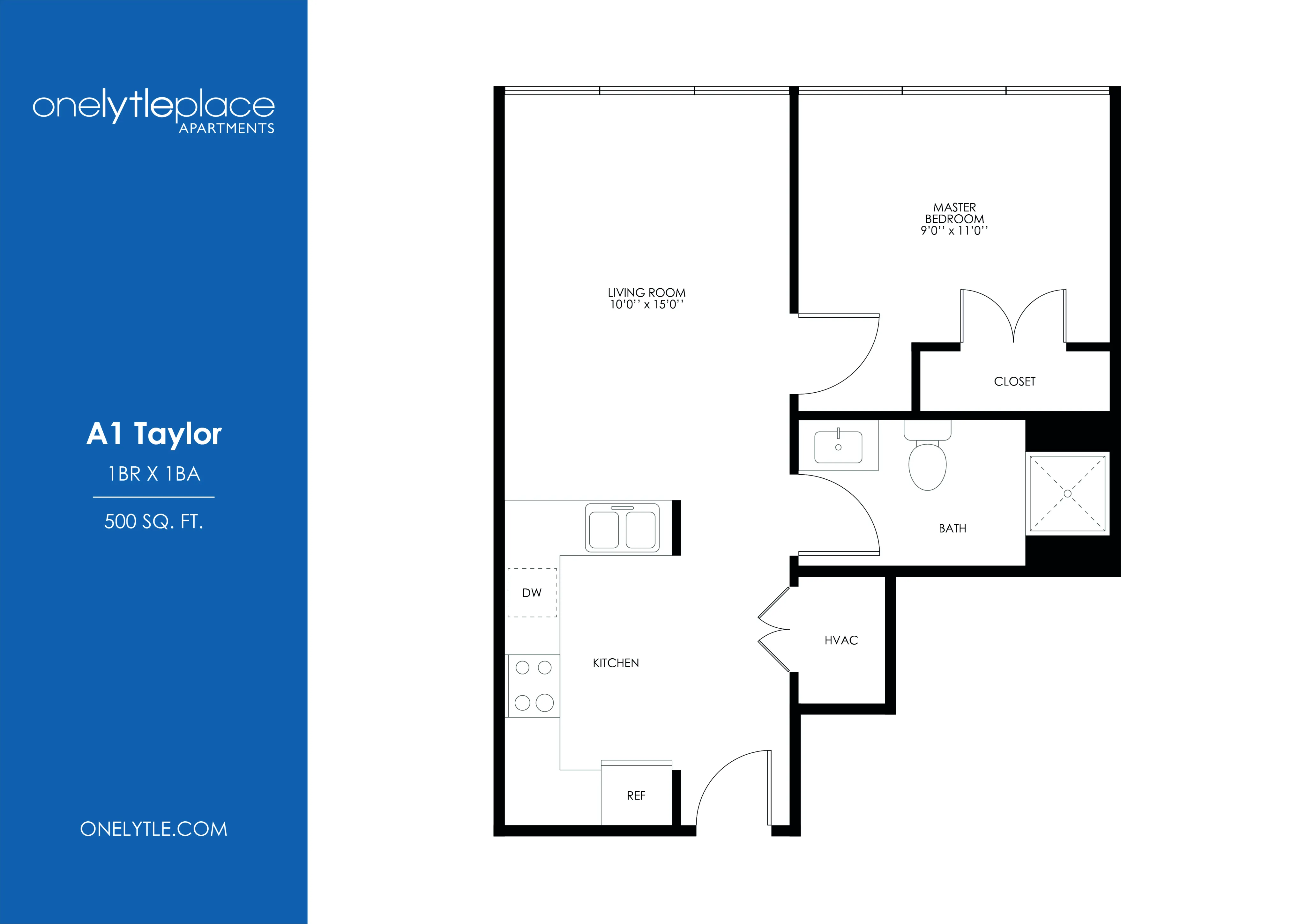 Chic A1 Taylor floor plan showcases a 1-bedroom, 1-bathroom design with an open kitchen and spacious living room, perfect for modern living at 500 sq ft in Onelytle Place Apartments.