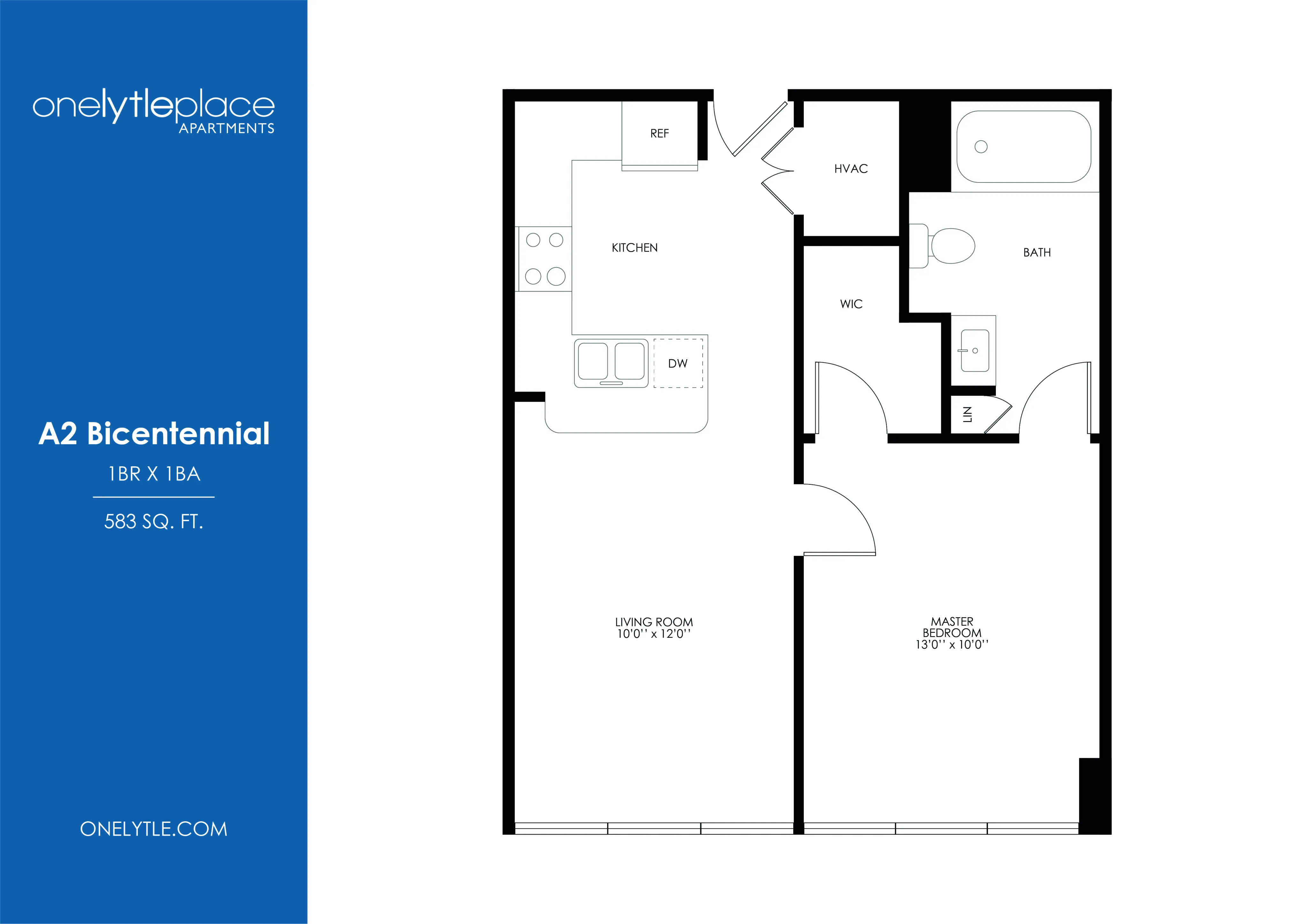 A2 Bicentennial floor plan for Onelytle Place Apartments featuring 1 bedroom and 1 bathroom at 583 sq. ft. Includes a cozy living room, modern kitchen with appliances, and spacious master bedroom.