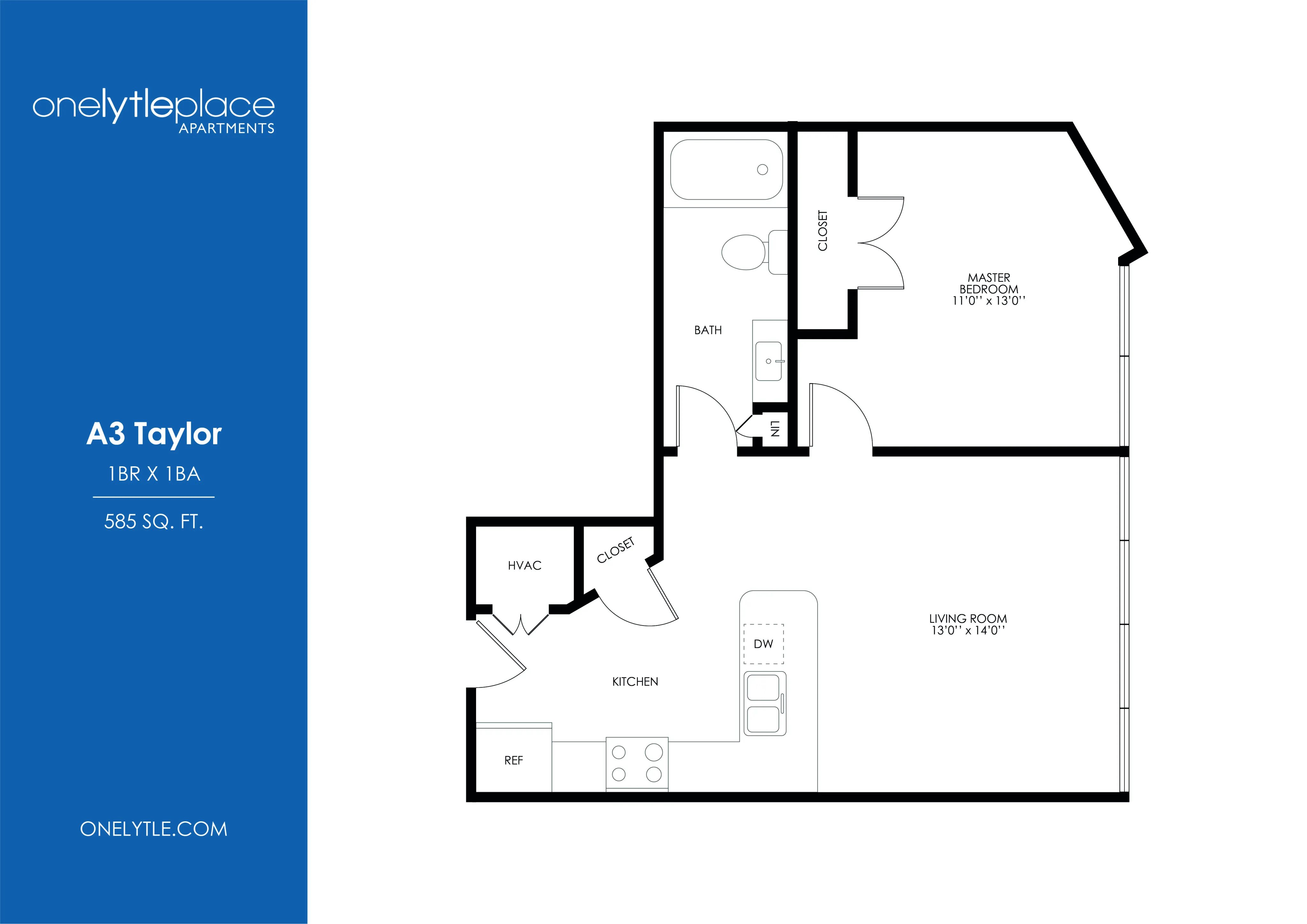 Modern A3 Taylor floor plan offering 1 bedroom and 1 bathroom in 585 sq. ft. featuring a spacious living room, efficient kitchen, and ample storage.