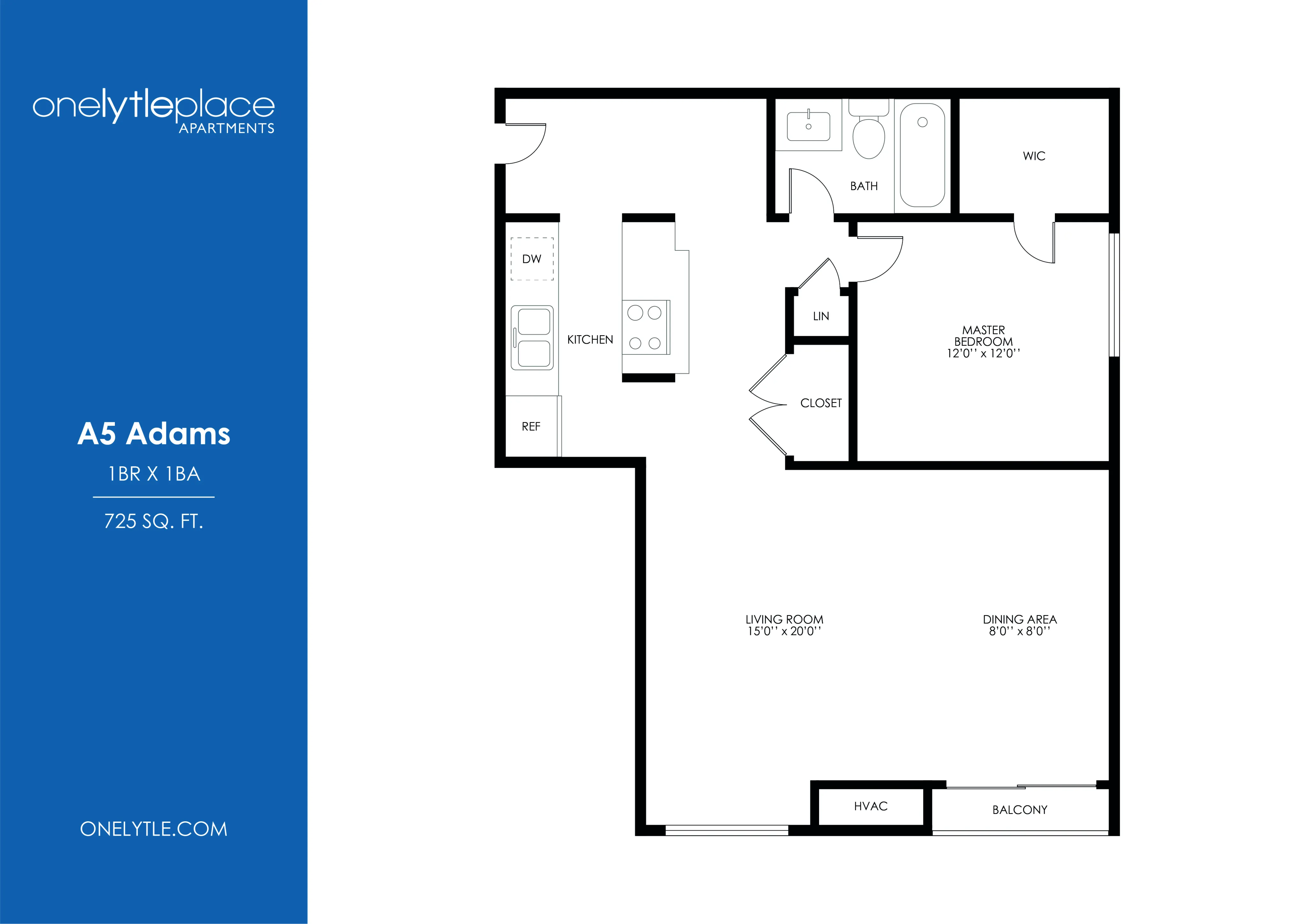 Modern A5 Adams floor plan featuring 1 bedroom, 1 bathroom, a spacious living room, and a balcony, covering 725 sq ft.