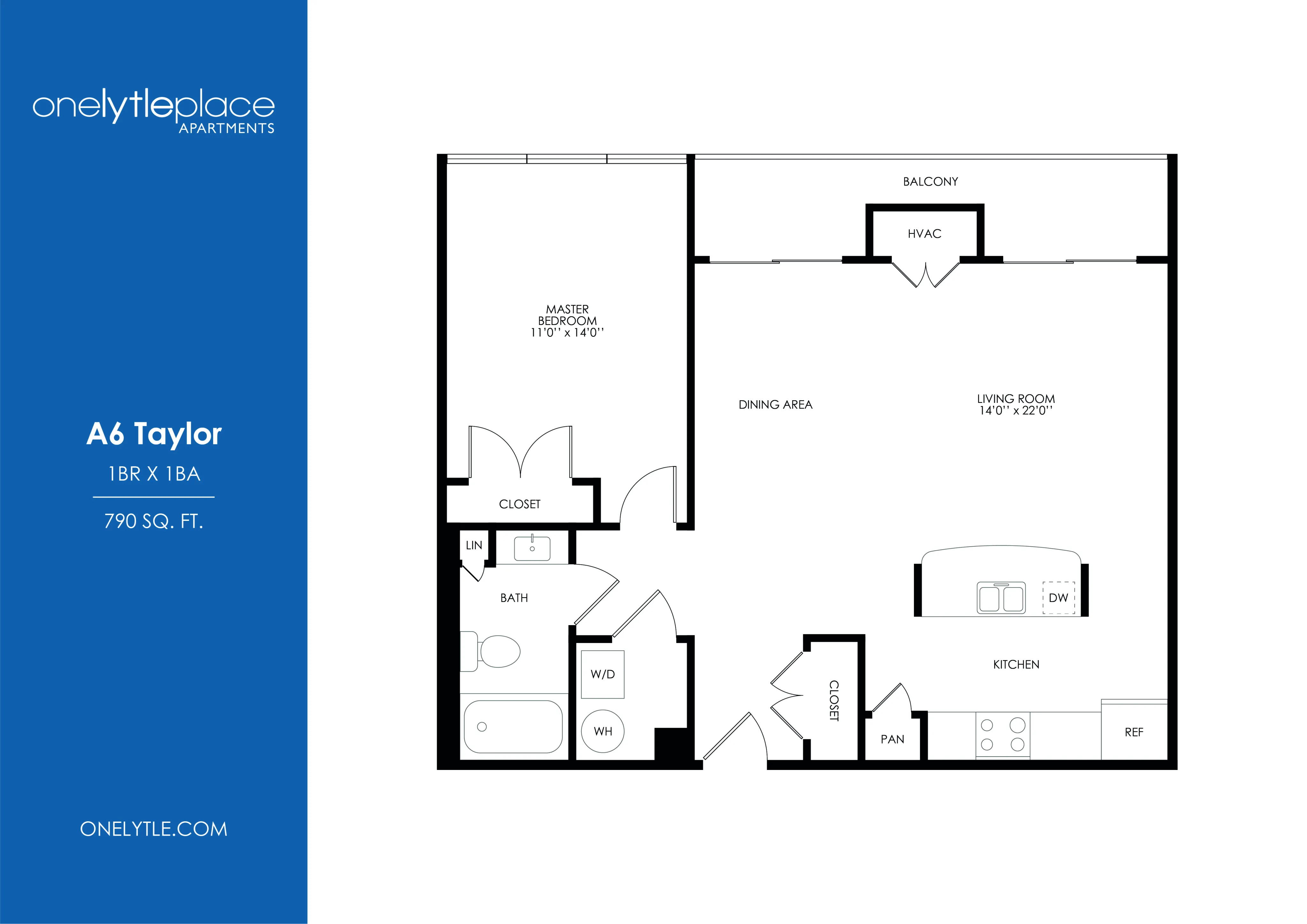Modern A6 Taylor apartment floor plan featuring 1 bedroom, 1 bath, and an open living-dining area with balcony access, spread across 790 sq ft.