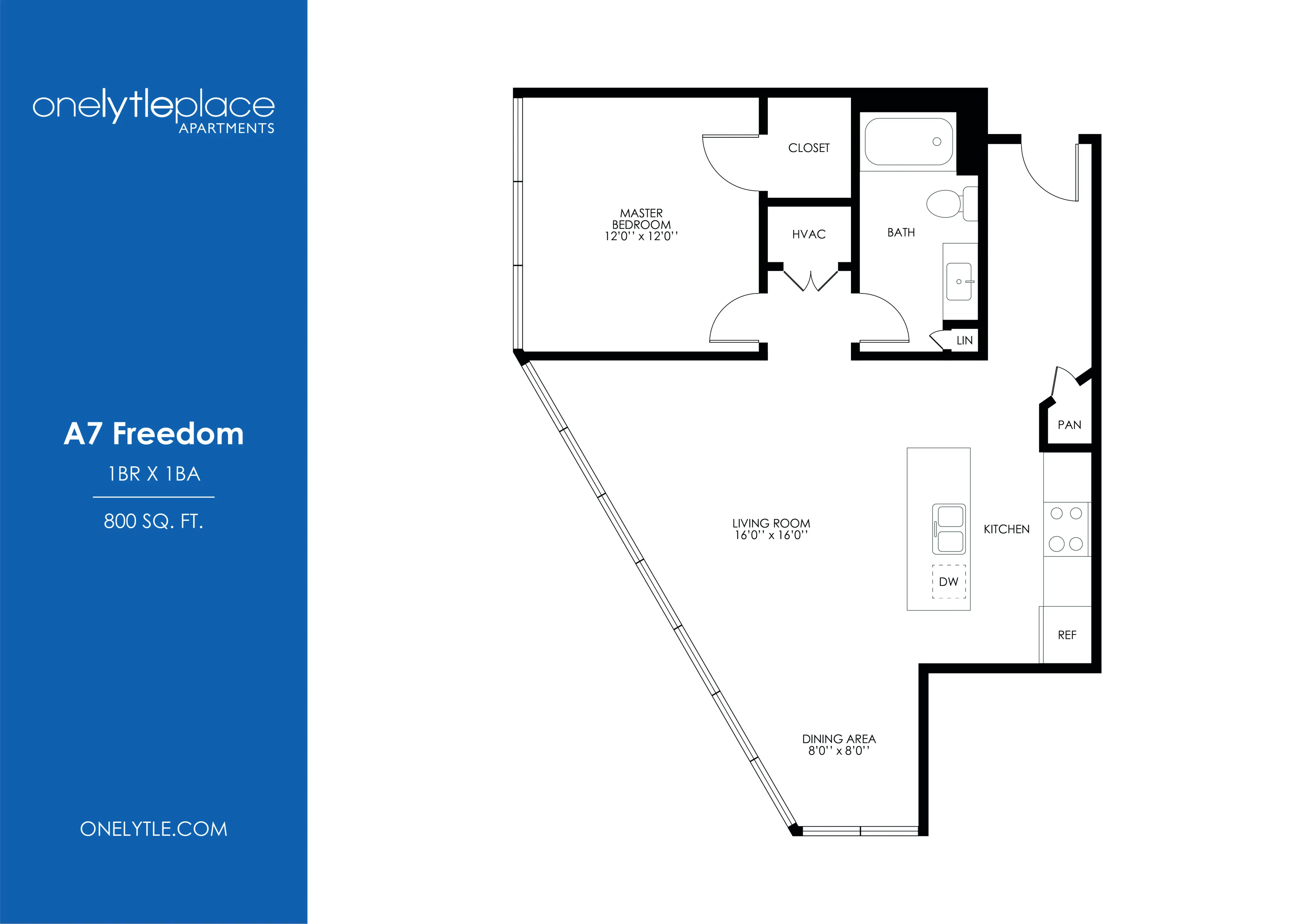 A7 Freedom floor plan illustrating a sleek 1-bedroom, 1-bathroom apartment with an open-concept living room and dining area, spanning 800 sq. ft.
