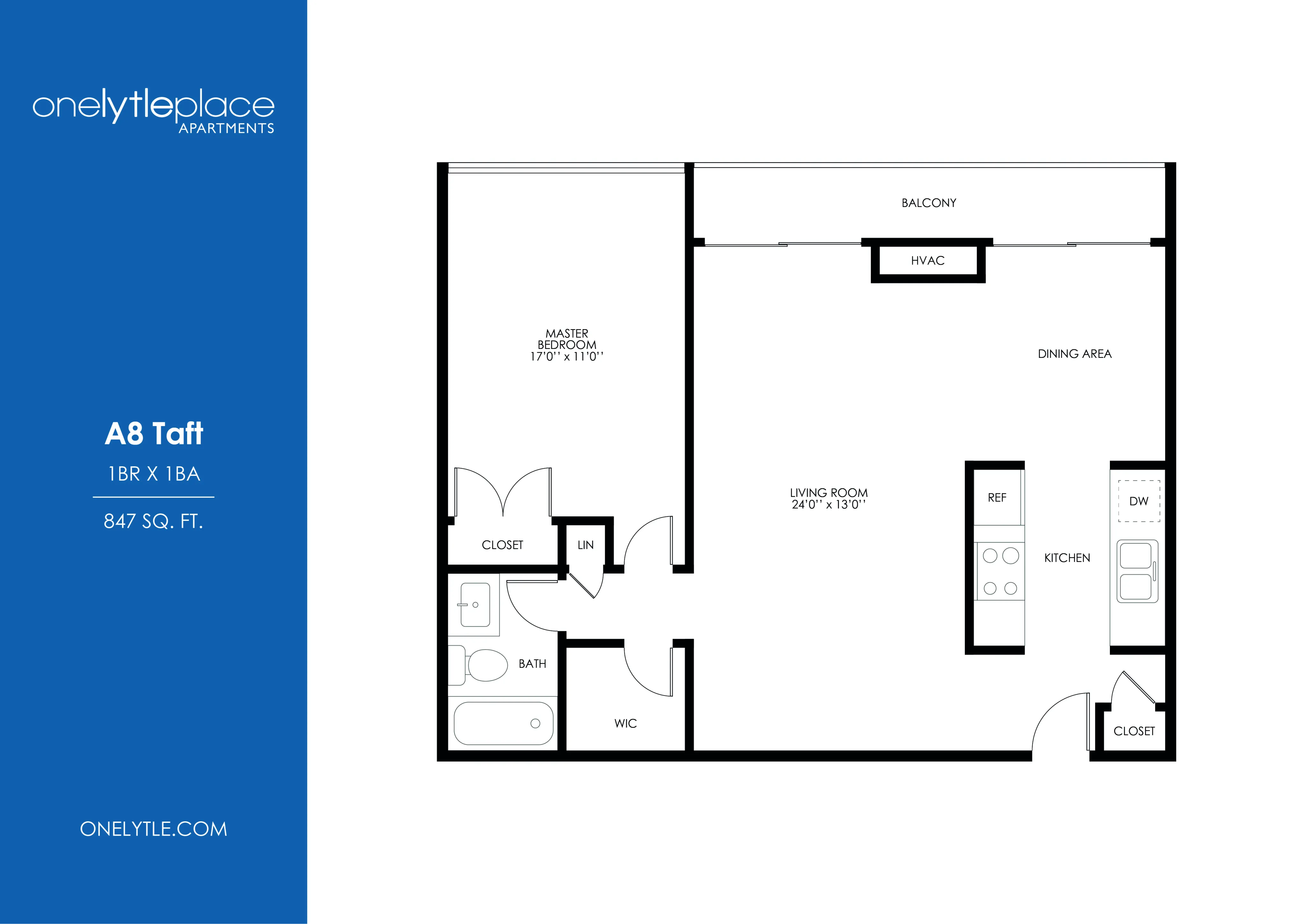 Modern A8 Taft floor plan showcasing a 1-bedroom, 1-bath apartment with open living space, dining area, and private balcony in 847 sq. ft.