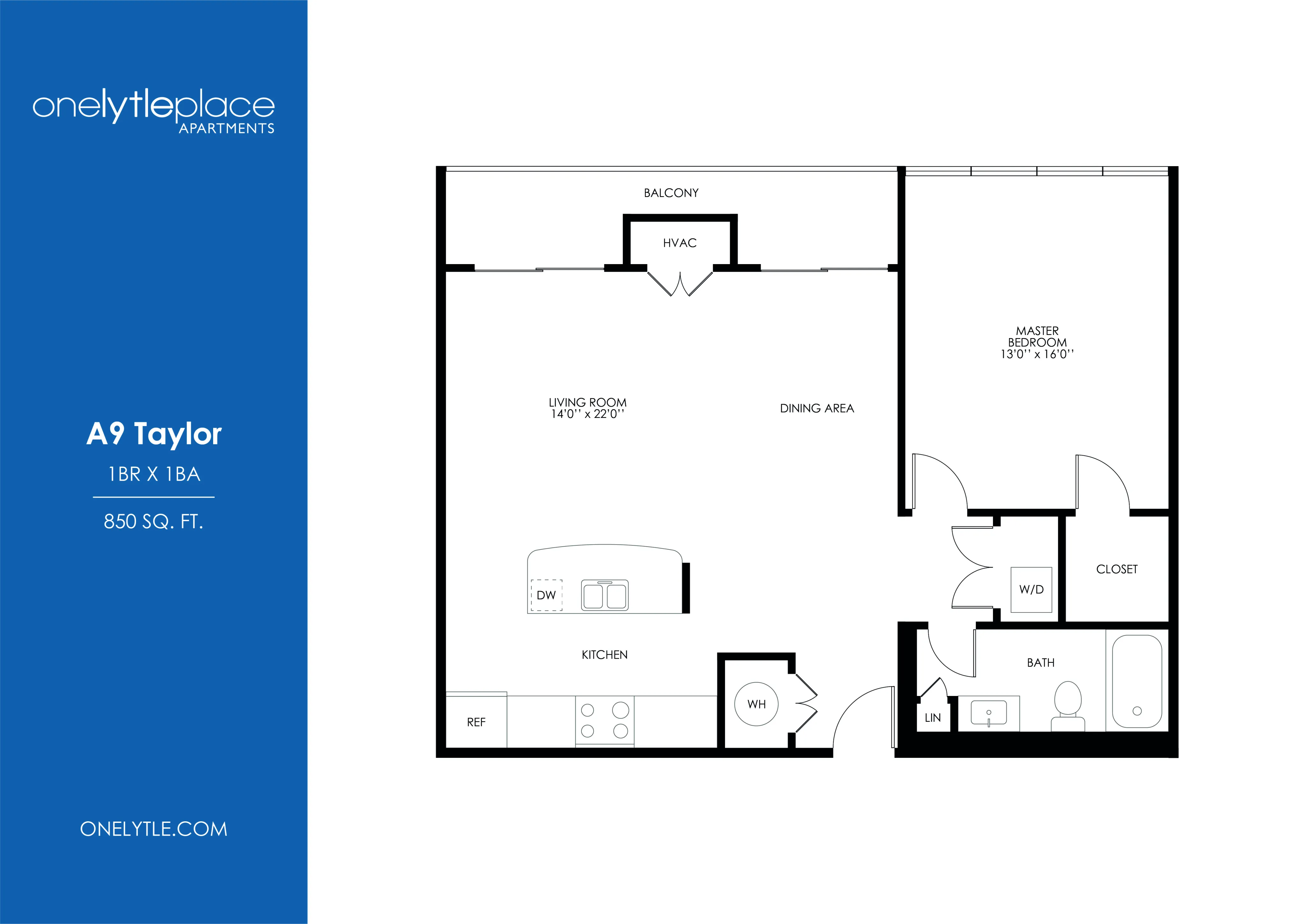 A9 Taylor floor plan showcasing a spacious 1-bedroom, 1-bathroom layout with a large living room, modern kitchen, and a private balcony, covering 850 sq ft at One Lytle Place Apartments.