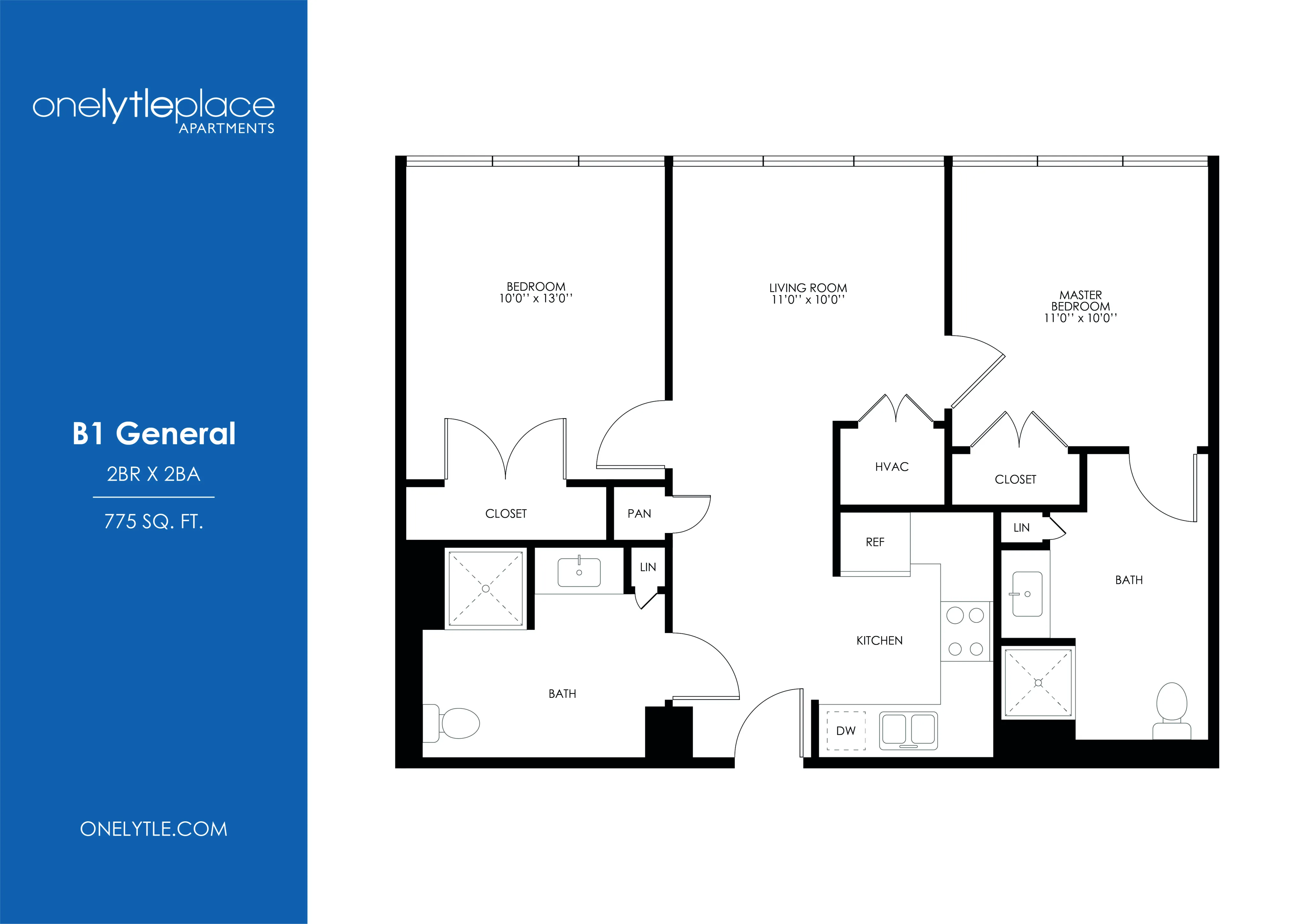 B1 General floor plan showcasing a stylish 2-bedroom, 2-bathroom layout with an inviting living room and efficient kitchen, ideal for modern living in 775 sq. ft.