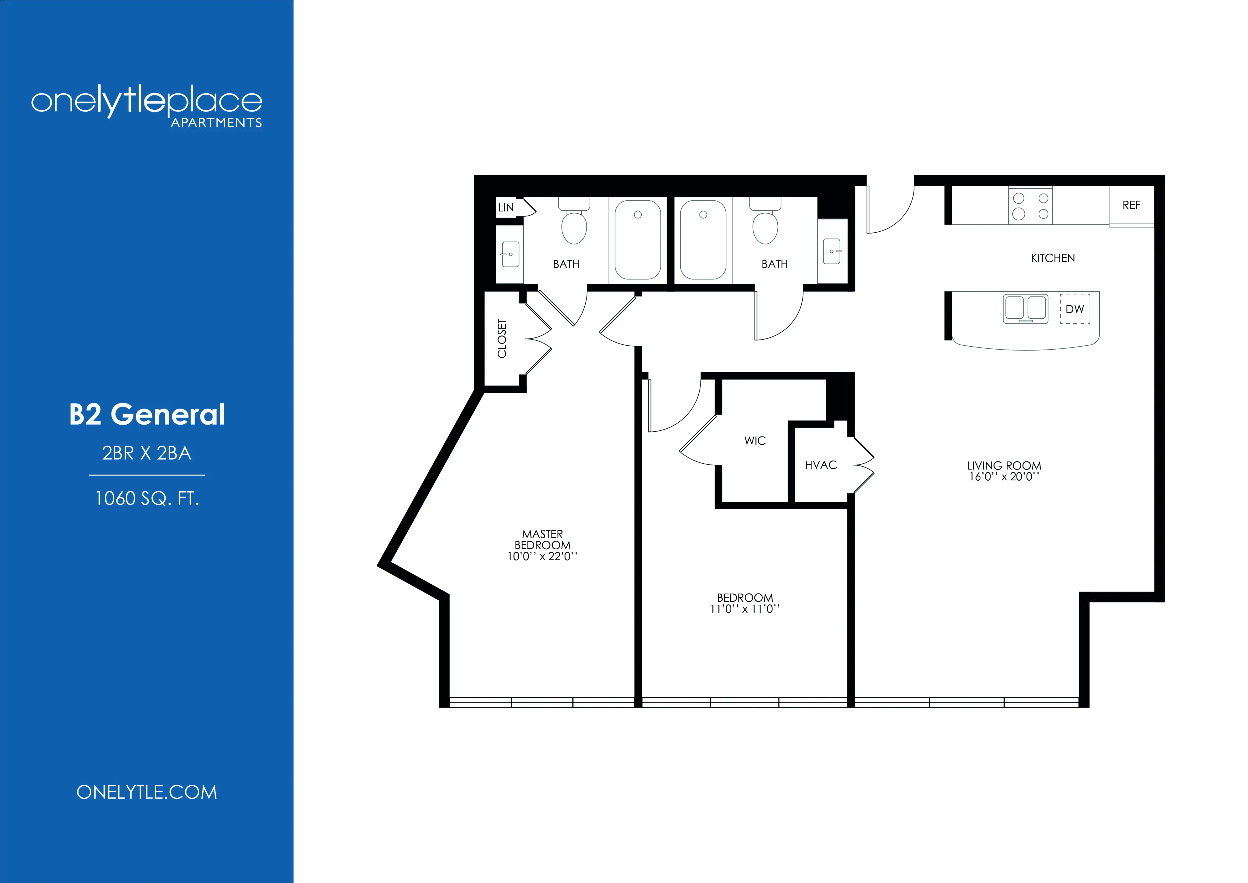 Modern B2 General floor plan of Onelytle Place Apartments, featuring 2 bedrooms, 2 bathrooms, and a spacious open kitchen and living area within 1060 sq. ft.