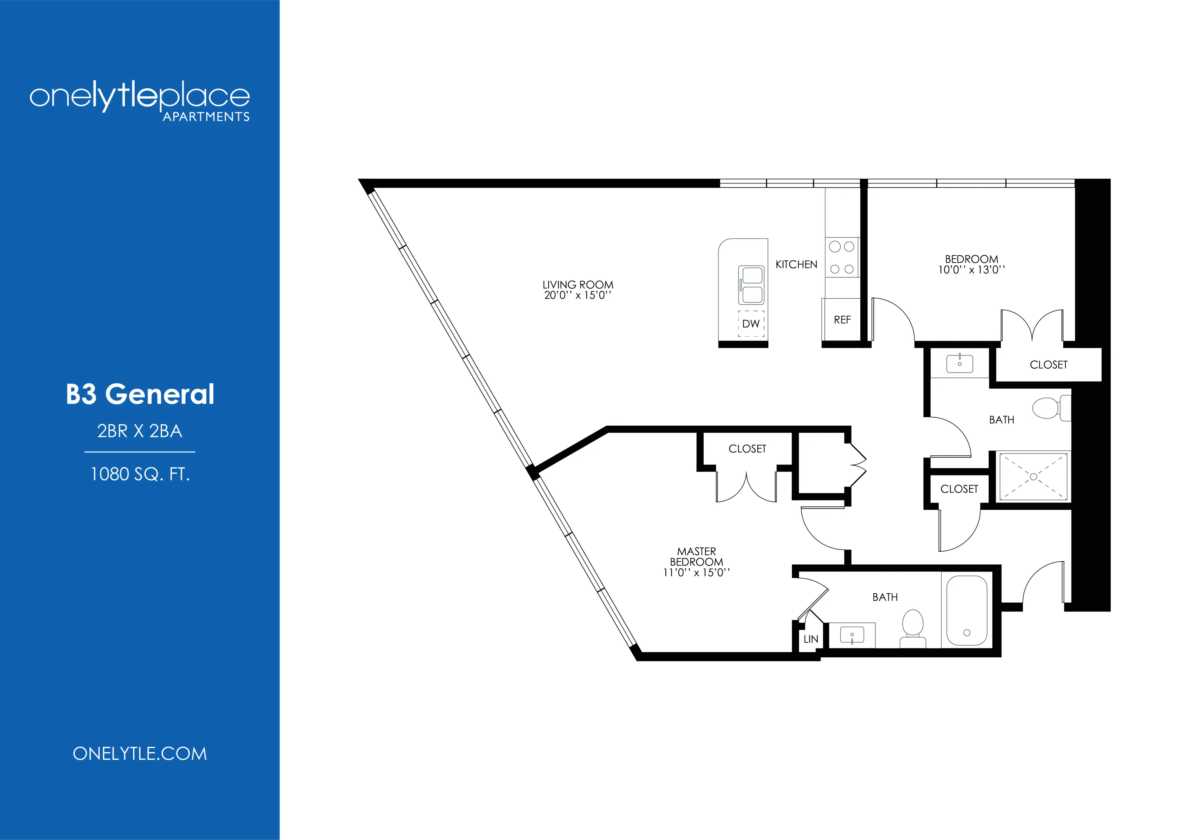 Modern B3 General floor plan with 2 bedrooms, 2 baths, large living room, and stylish kitchen in 1080 sq ft space.