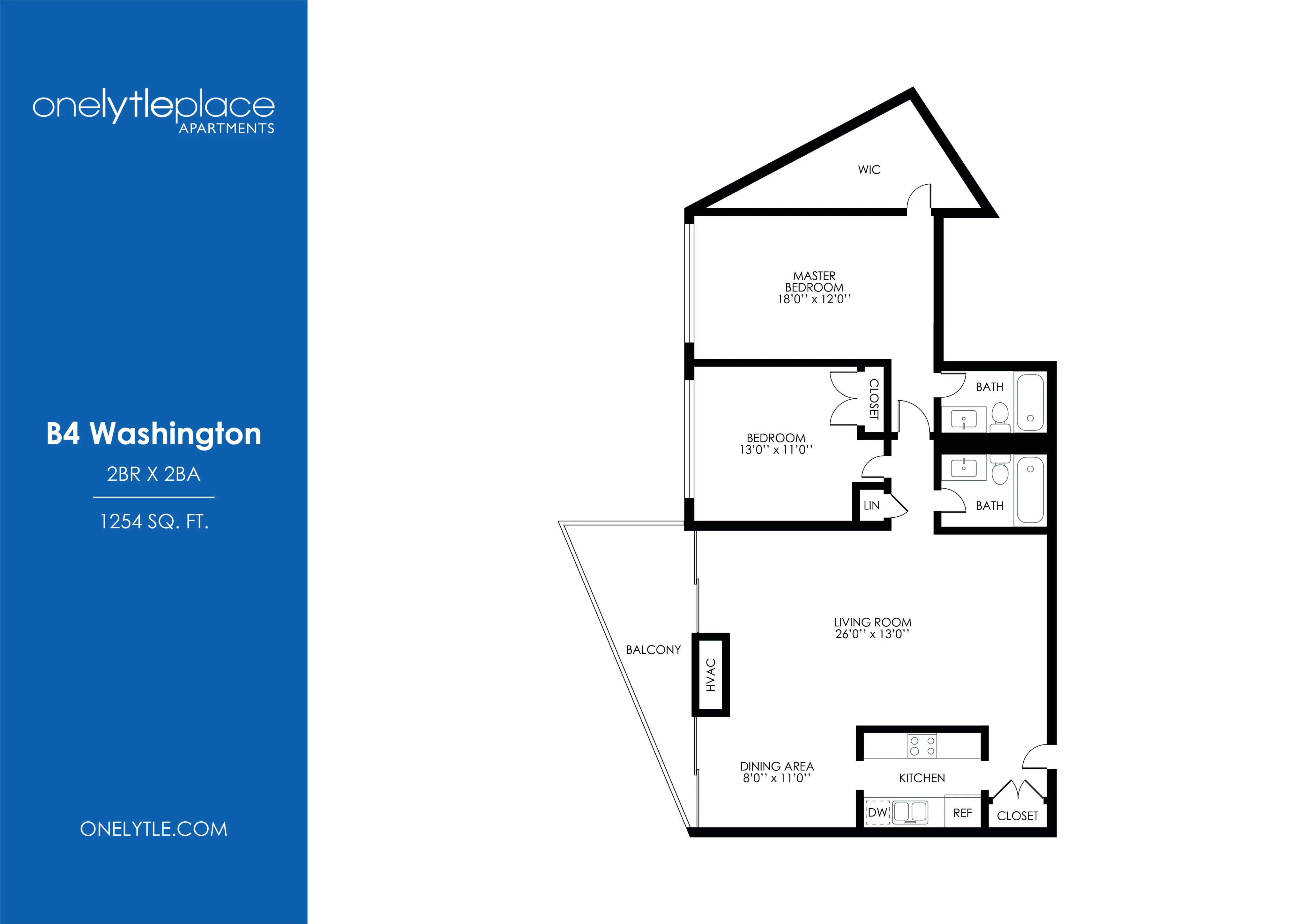 B4 Washington floor plan with 2 spacious bedrooms, 2 modern bathrooms, and an open-concept living and dining area, totaling 1254 sq ft.