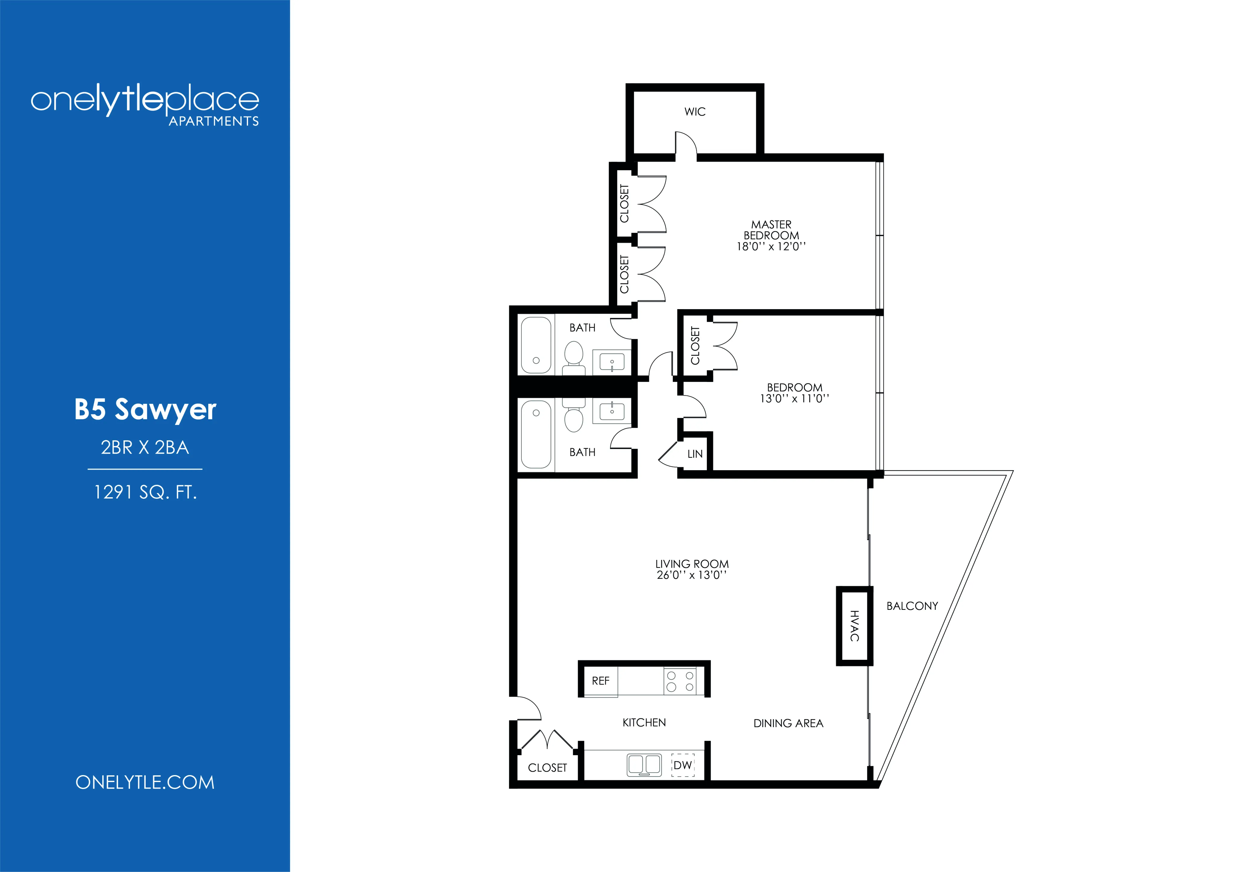 B5 Sawyer floor plan with 2 bedrooms, 2 bathrooms, spacious living room, modern kitchen, and balcony, covering 1291 sq. ft. at One Lytle Place Apartments.