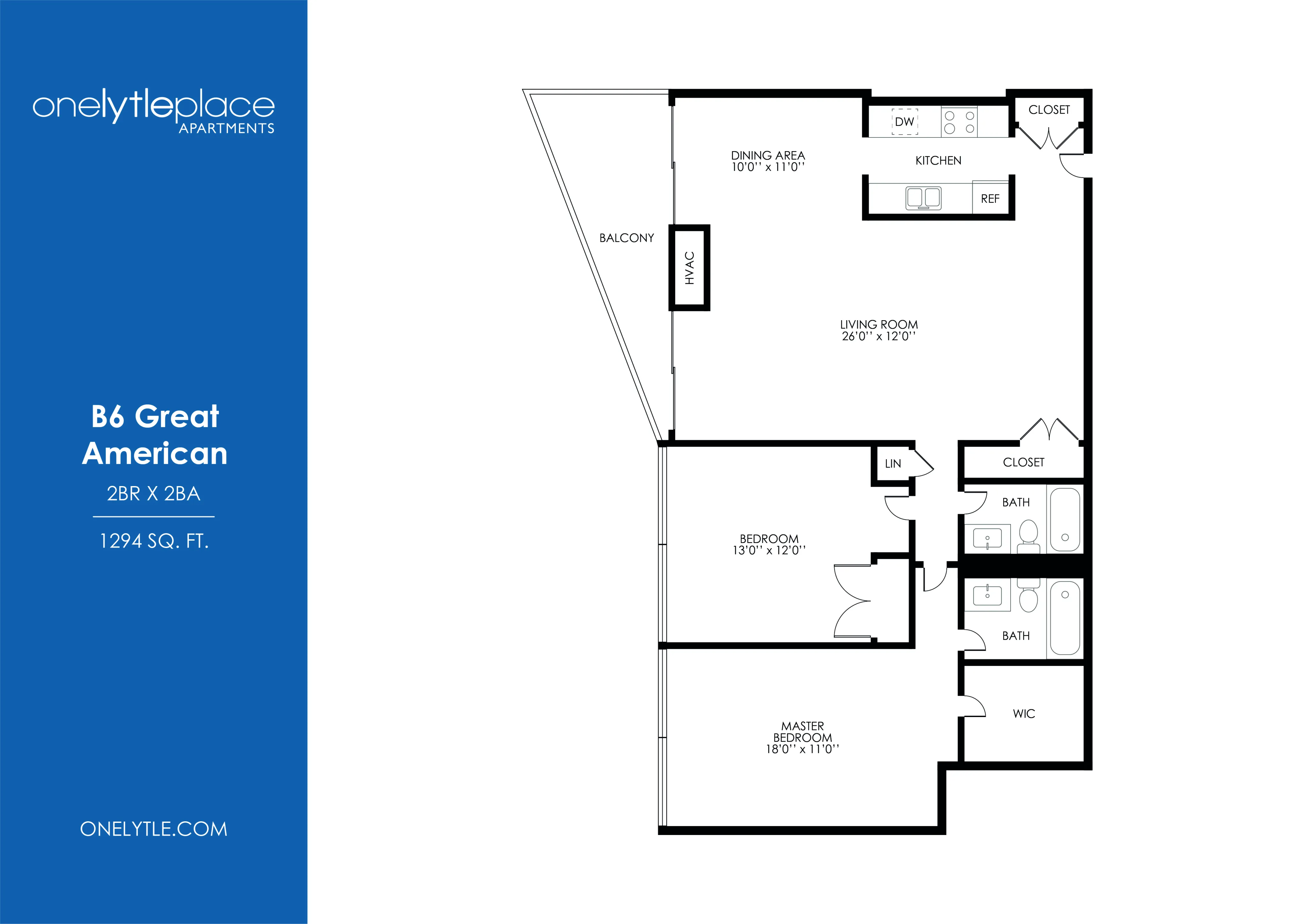 B6 Great American floor plan showcasing a spacious 2-bedroom, 2-bathroom layout with an open-concept living room, dining area, and kitchen, complete with a balcony and convenient storage spaces, totaling 1294 sq. ft.