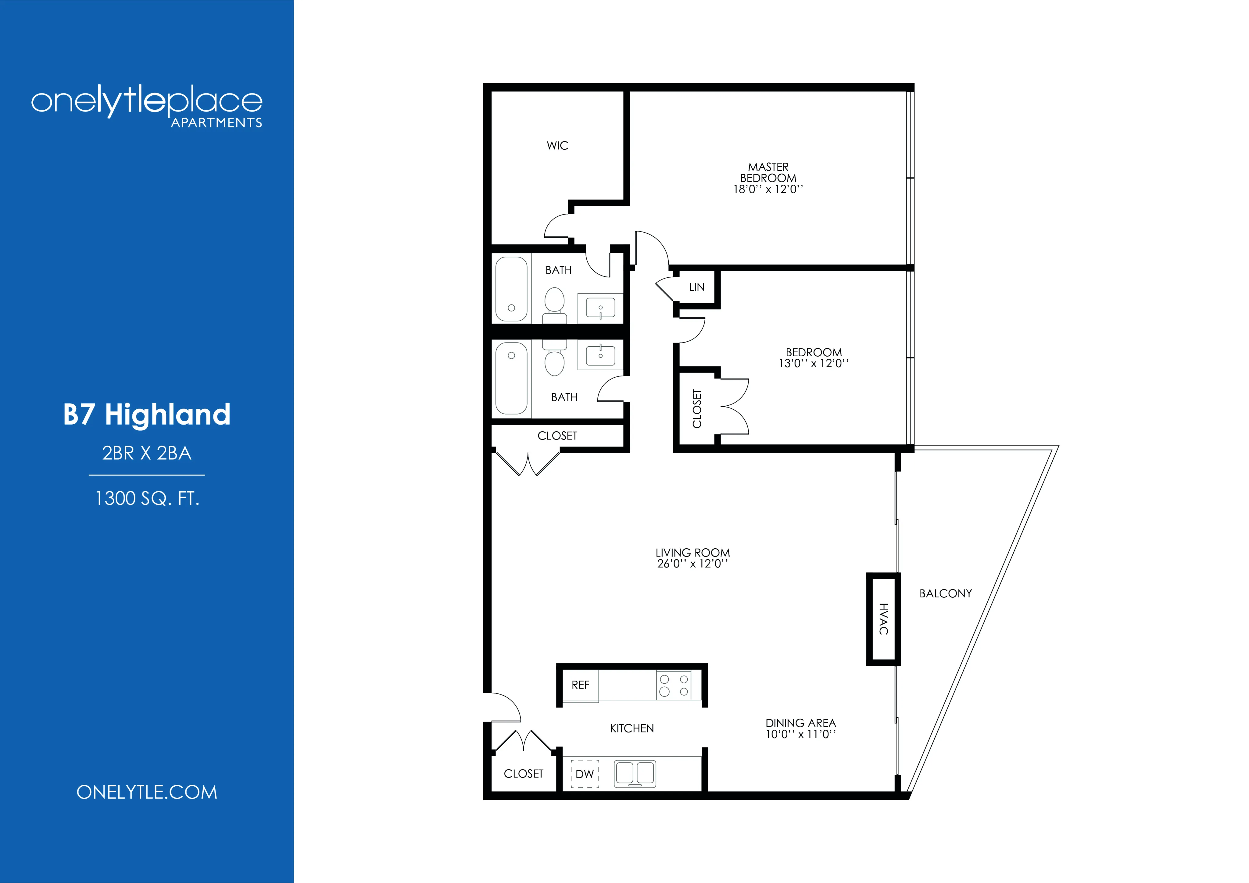Spacious B7 Highland floor plan featuring 2 bedrooms and 2 baths, including a master suite, open living and dining areas, modern kitchen, and private balcony; covering 1300 sq ft.