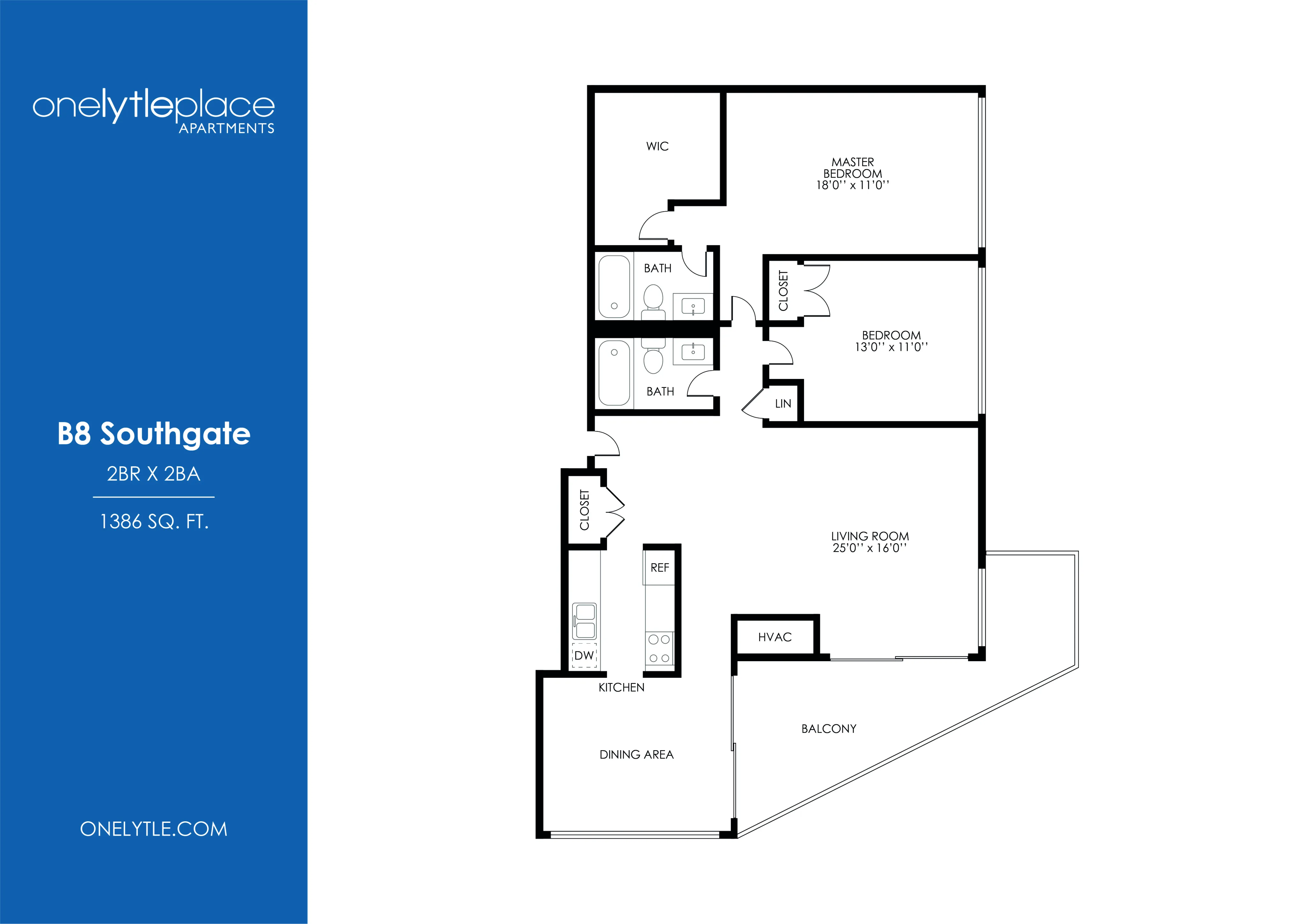 Elegant B8 Southgate floor plan with 2 bedrooms, 2 bathrooms, spacious living room, and inviting balcony, covering 1386 sq ft.