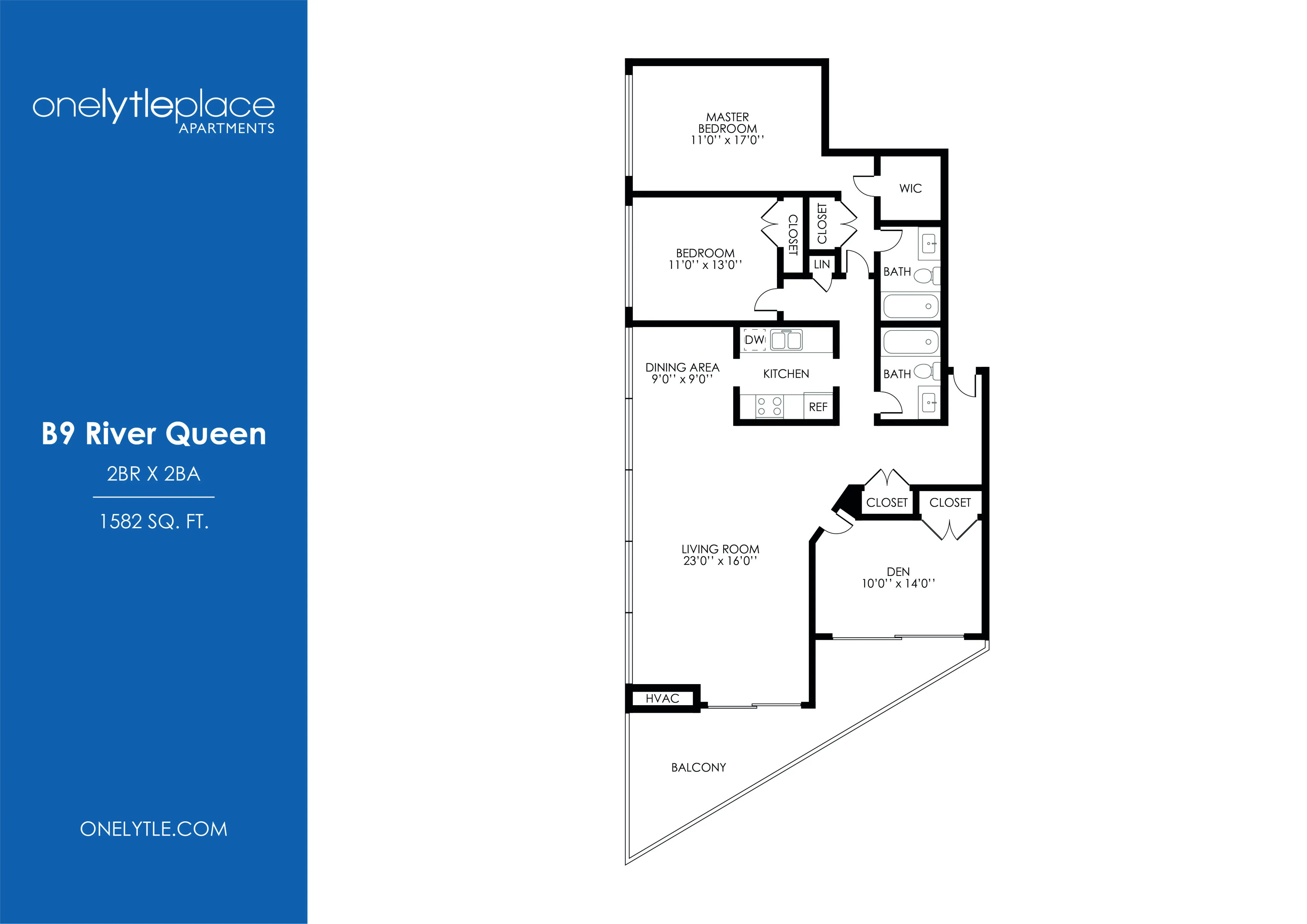 B9 River Queen floor plan featuring 2 bedrooms, 2 bathrooms, a spacious living room, and a den. Includes a cozy kitchen and dining area, plus a balcony for outdoor enjoyment, totaling 1582 sq. ft.