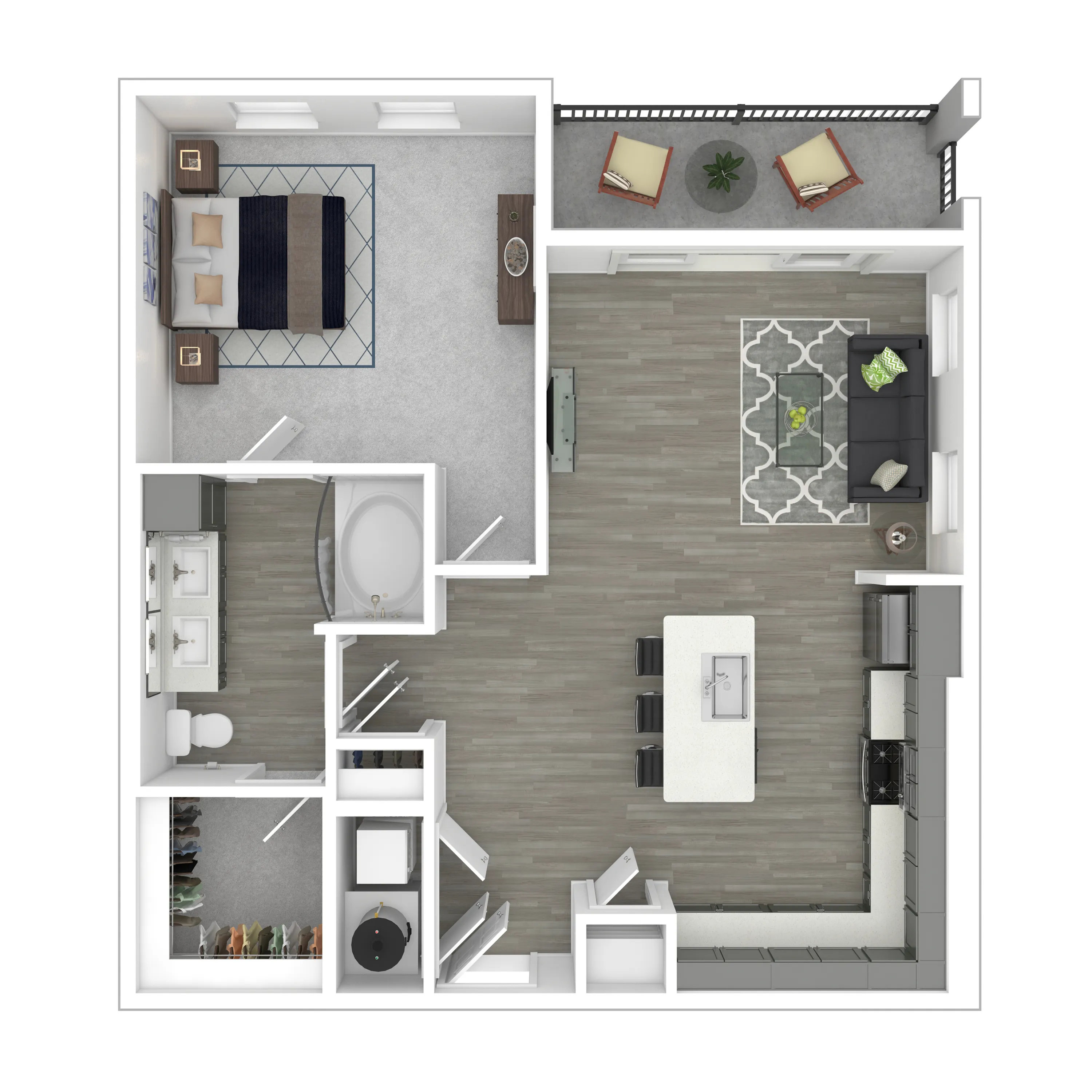 Modern 1-bedroom apartment floor plan featuring an open-concept living and dining area connected to a sleek kitchen, along with a spacious bathroom and private balcony.