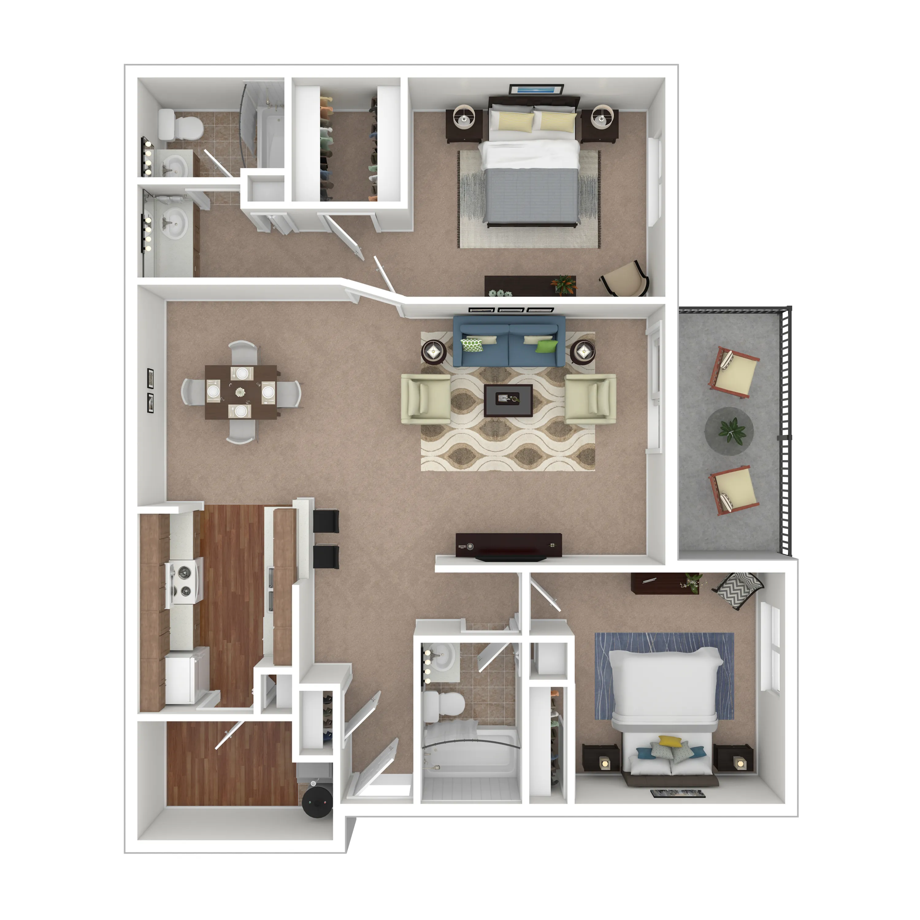 Modern 2D floor plan showcasing 2 bedrooms, open living-dining area, sleek kitchen, and private balcony.