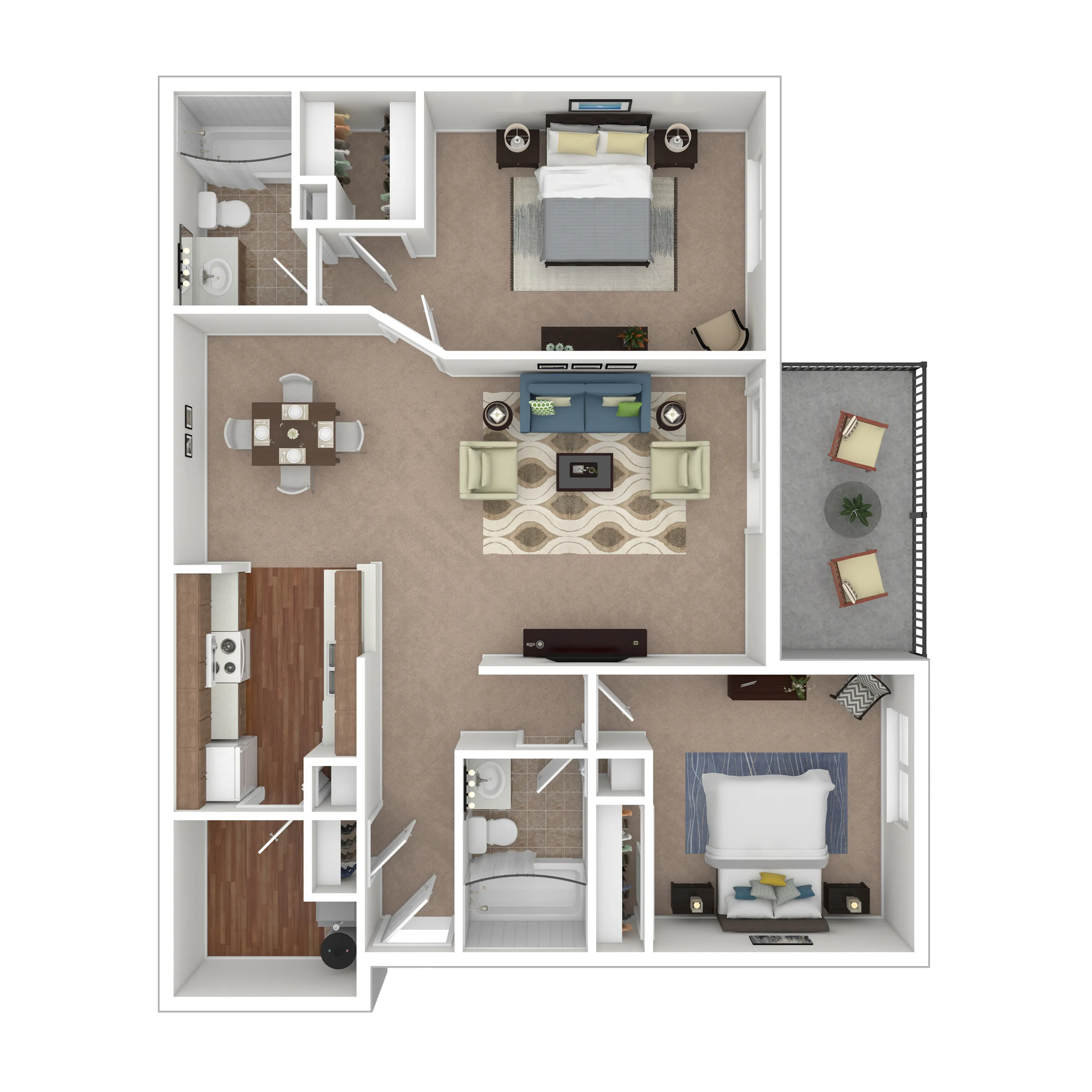 Elegant 3D floor plan featuring two bedrooms, an open living room, gourmet kitchen, and a private balcony.