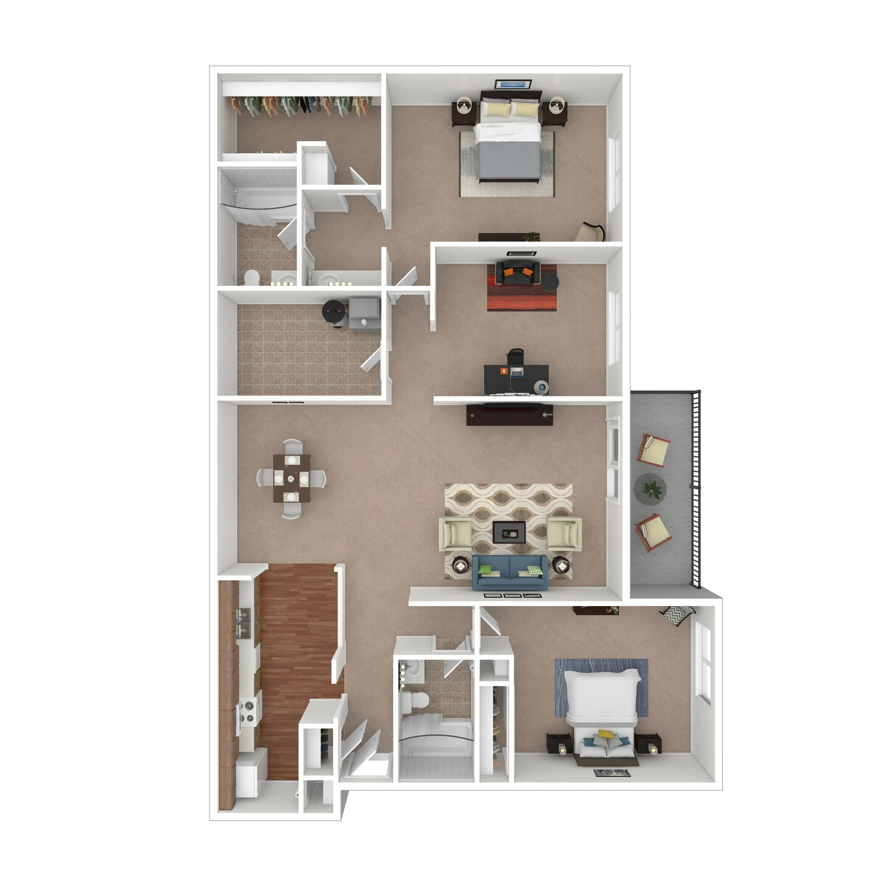Elegant 2D floor plan showcasing 2 spacious bedrooms, inviting living area, modern kitchen, and private balcony.
