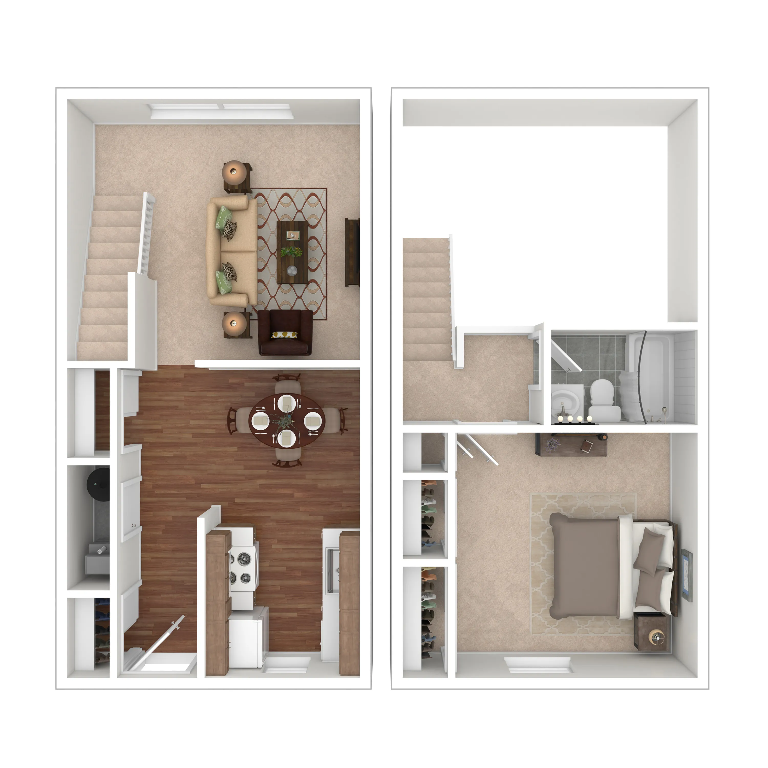 Chic 2D apartment floor plan with a cozy living room, dining area, modern kitchen, and a peaceful upstairs bedroom.