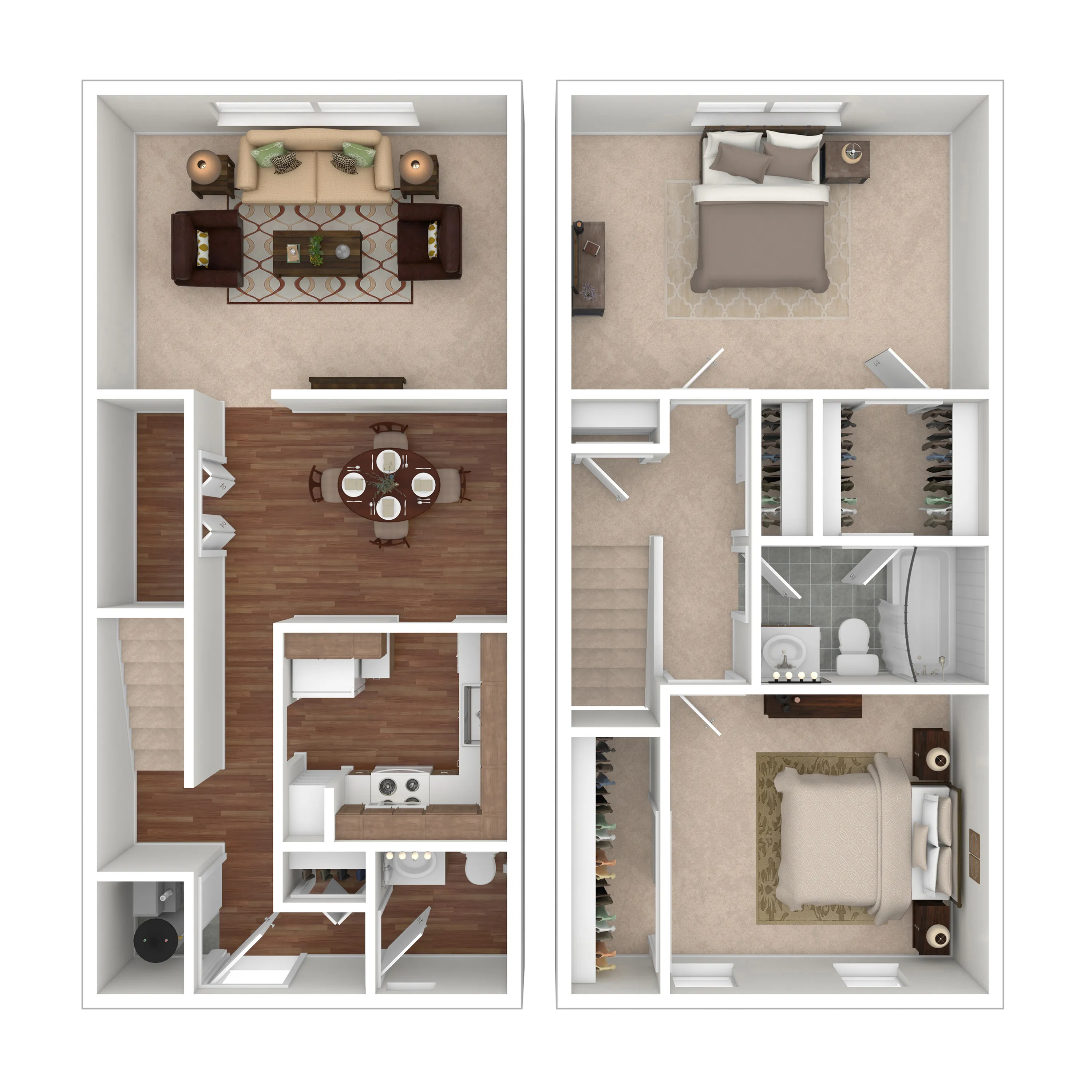 Modern dual-level floor plan showcasing a cozy living room, well-organized kitchen, and two spacious bedrooms with en-suite bathroom.
