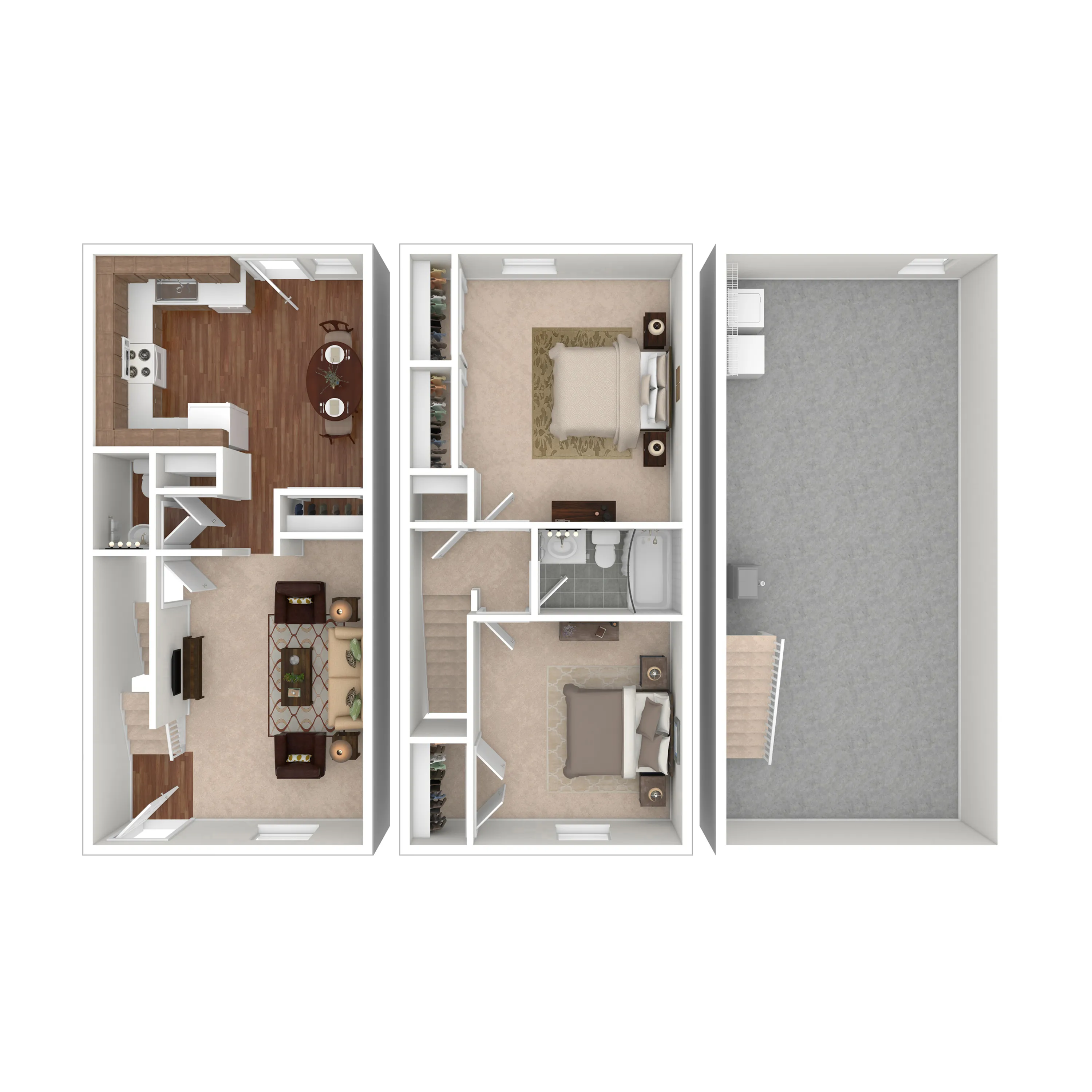 Modern three-story floor plan featuring two bedrooms, open-concept living area, stylish kitchen, and spacious basement.