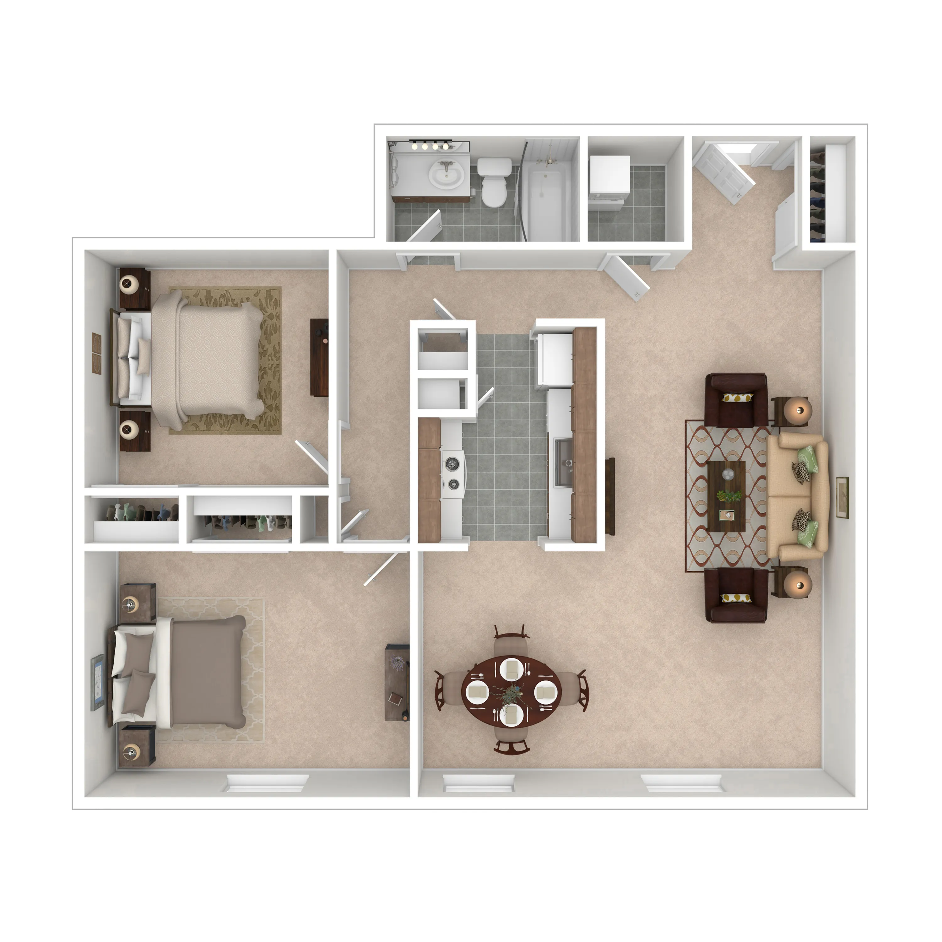 Modern 2D floor plan featuring 2 spacious bedrooms, a cozy living area, a dining space, and an efficient kitchen layout.