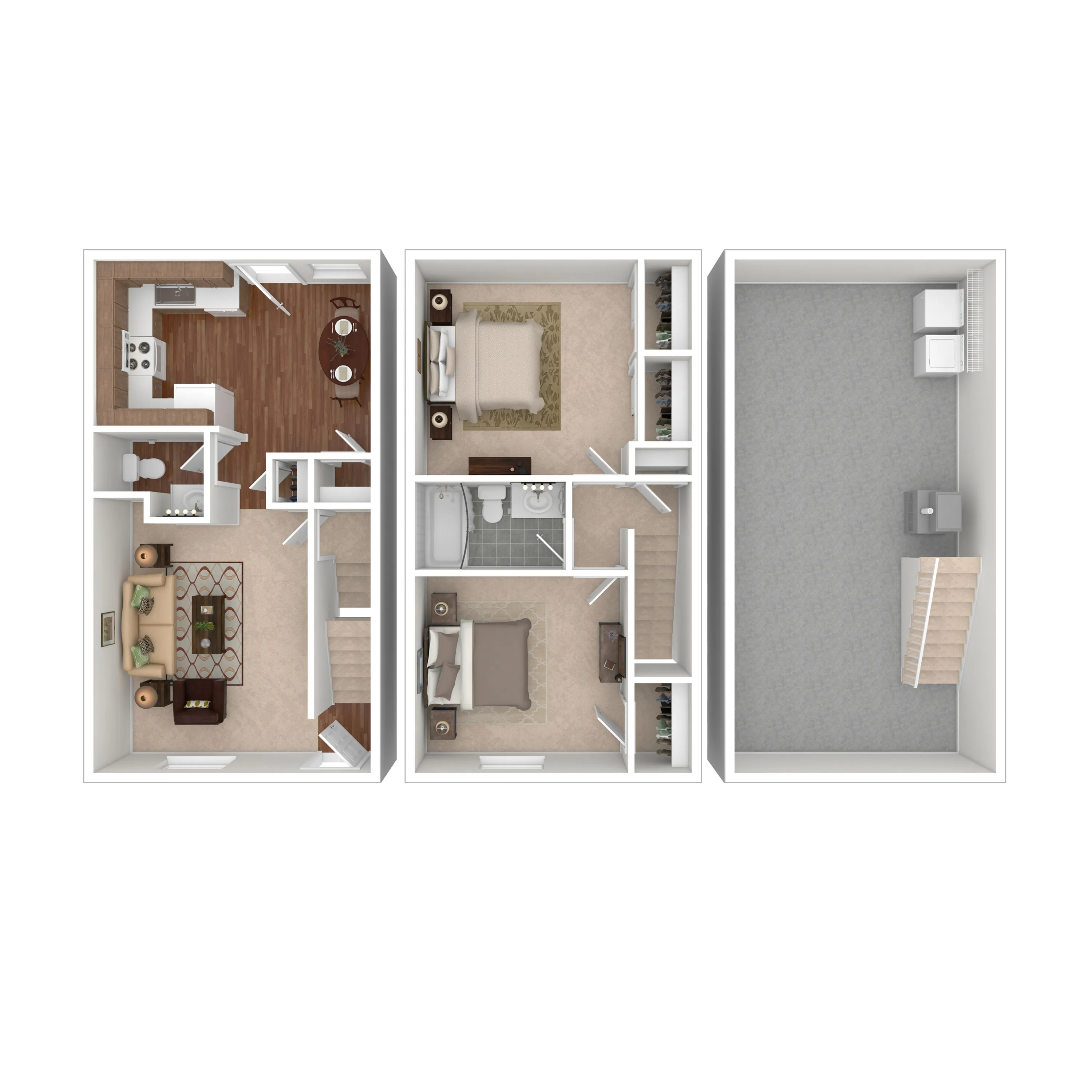 Modern 3D floor plan featuring a stylish two-bedroom layout, cozy living area, elegant kitchen, and versatile basement space.