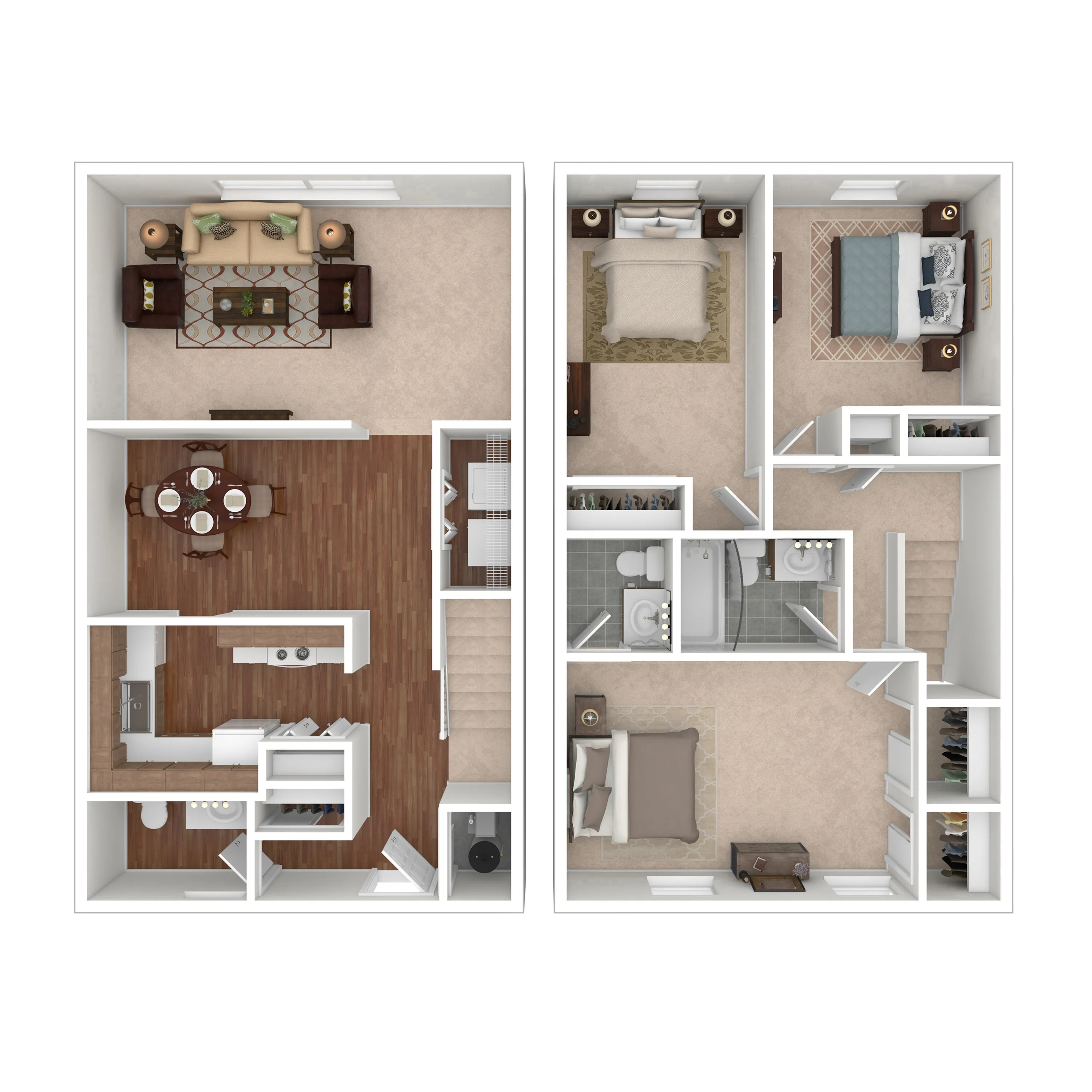 Modern two-story floor plan featuring an open living area, gourmet kitchen, elegant dining space, three cozy bedrooms, and two stylish bathrooms.